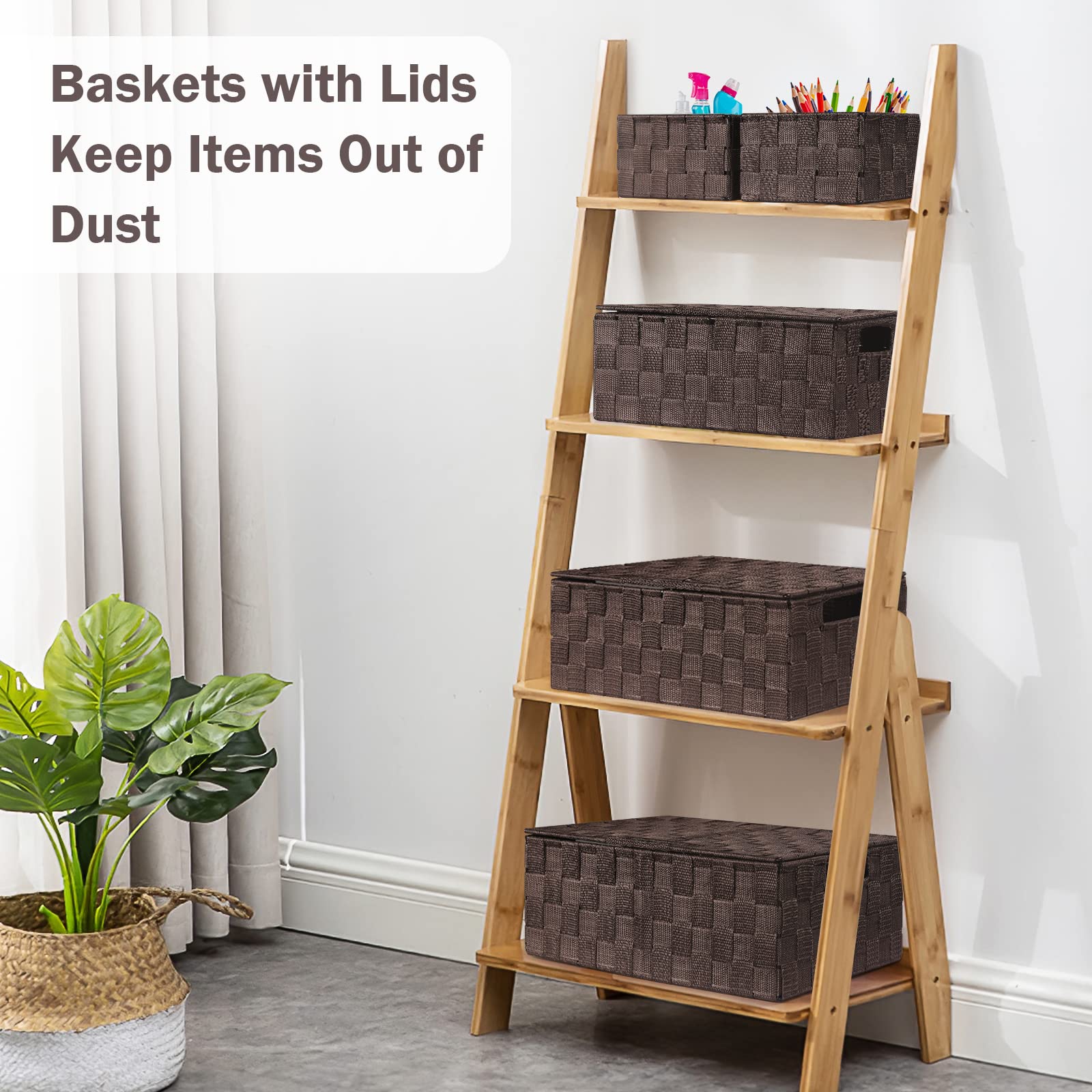 Storage Bins with Lids  Woven Storage Box Organizer Containers Decorative Baskets Cube for Clothes Bedroom Closet Office (5 Pack  Brown)