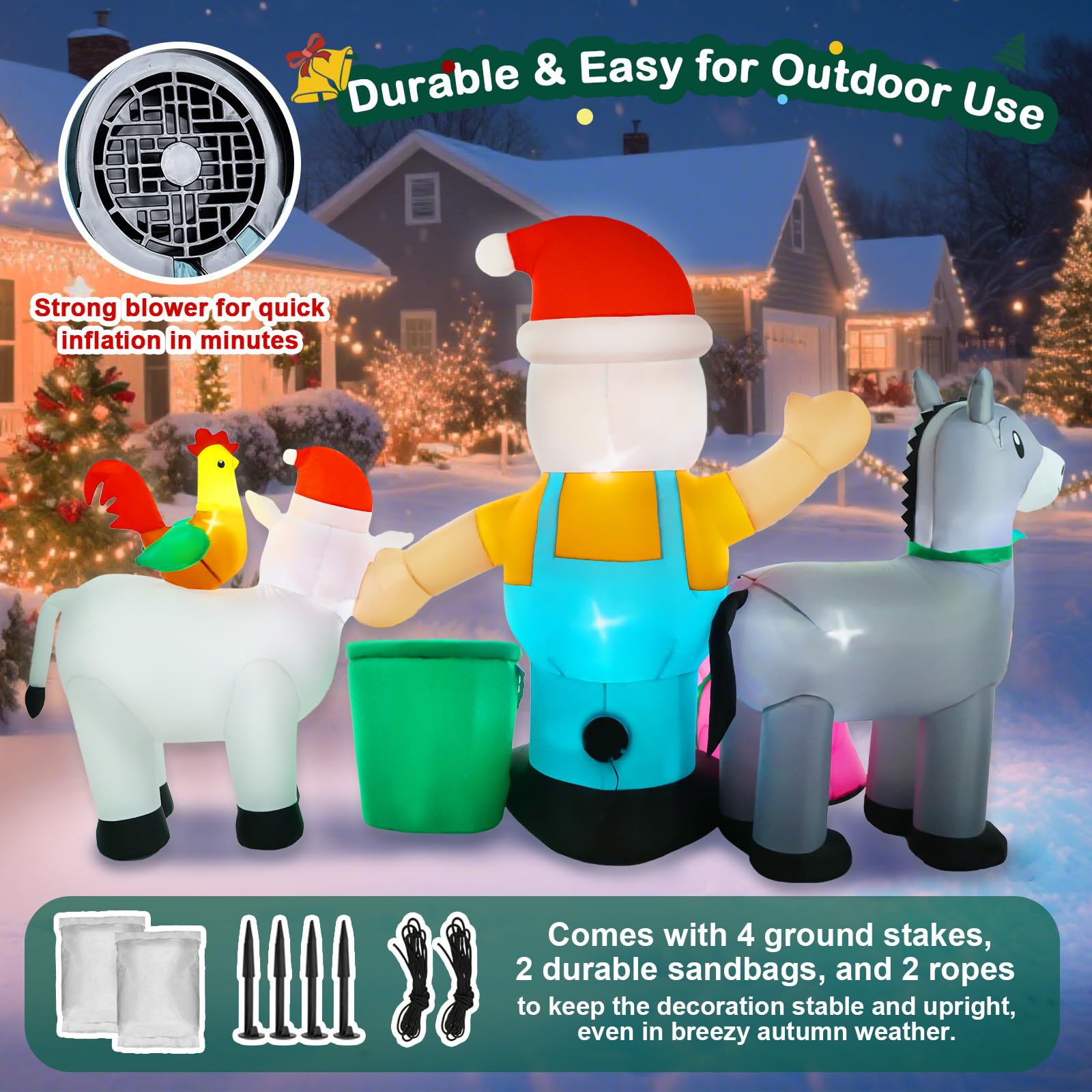 Zeepair Christmas Inflatables 8FT Santa Farm Animals with LED Lights - Multicolor Polyester Yard Decoration
