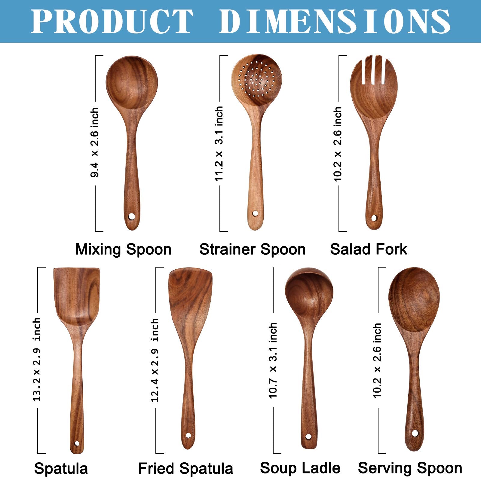 Wooden Non-Stick Kitchen Pan Toolset 7 Pieces Set,100% Natural Teak Kitchen Utensils Spatula, Wooden Cooking Utensils Spoons, Fr