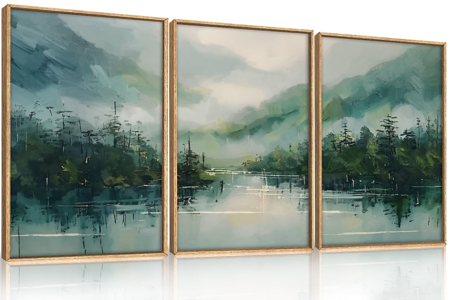 Lhiuem Large Geen Forest Mountain Framed Canves Wall Art Set,Misty Watercolor Artwork,Abstract Modern Nature Pine Tree Landscape