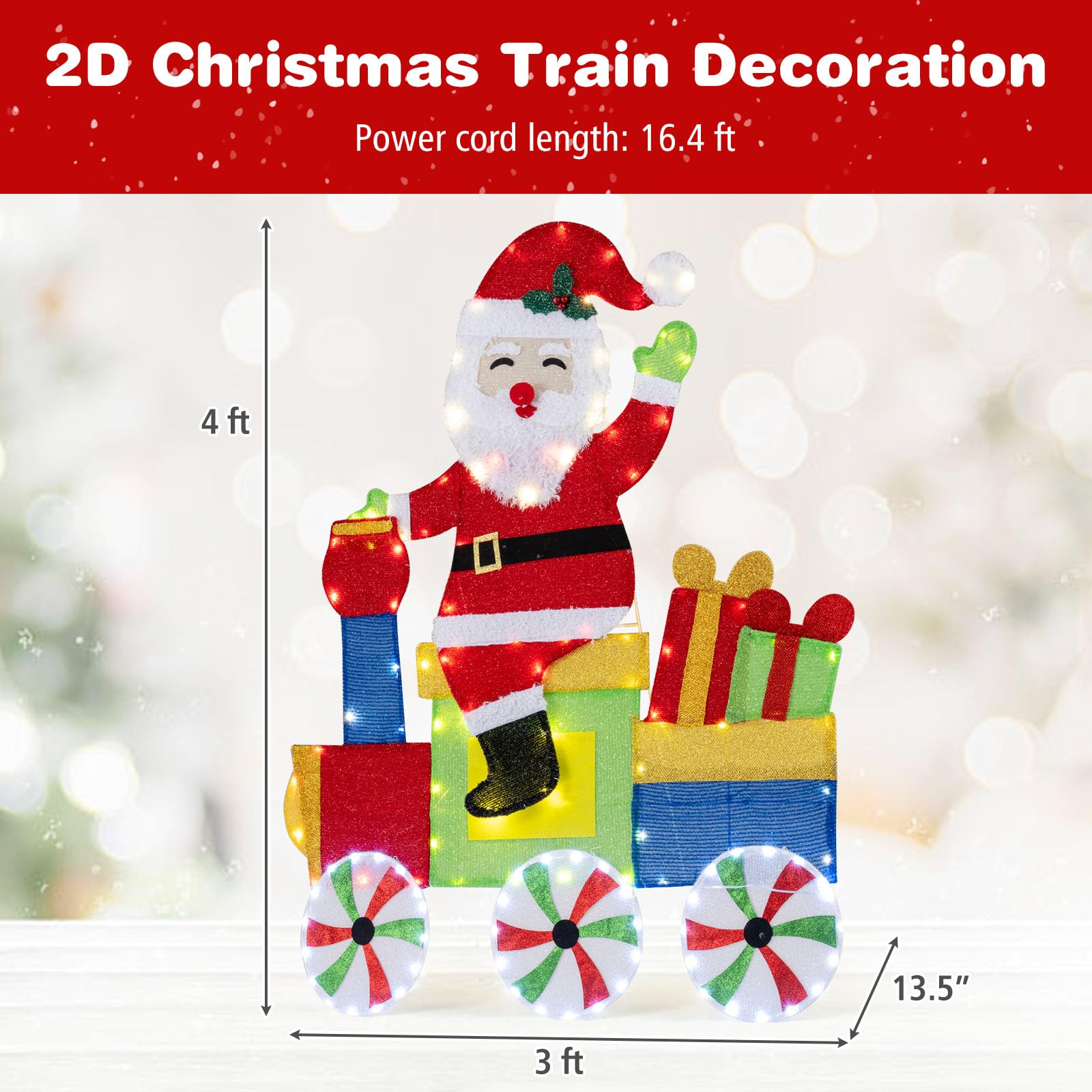 Tangkula Lighted Santa on Train Christmas Decoration, Indoor Outdoor 2D Santa Claus with LED Lights, Gift Boxes and Ground Stake