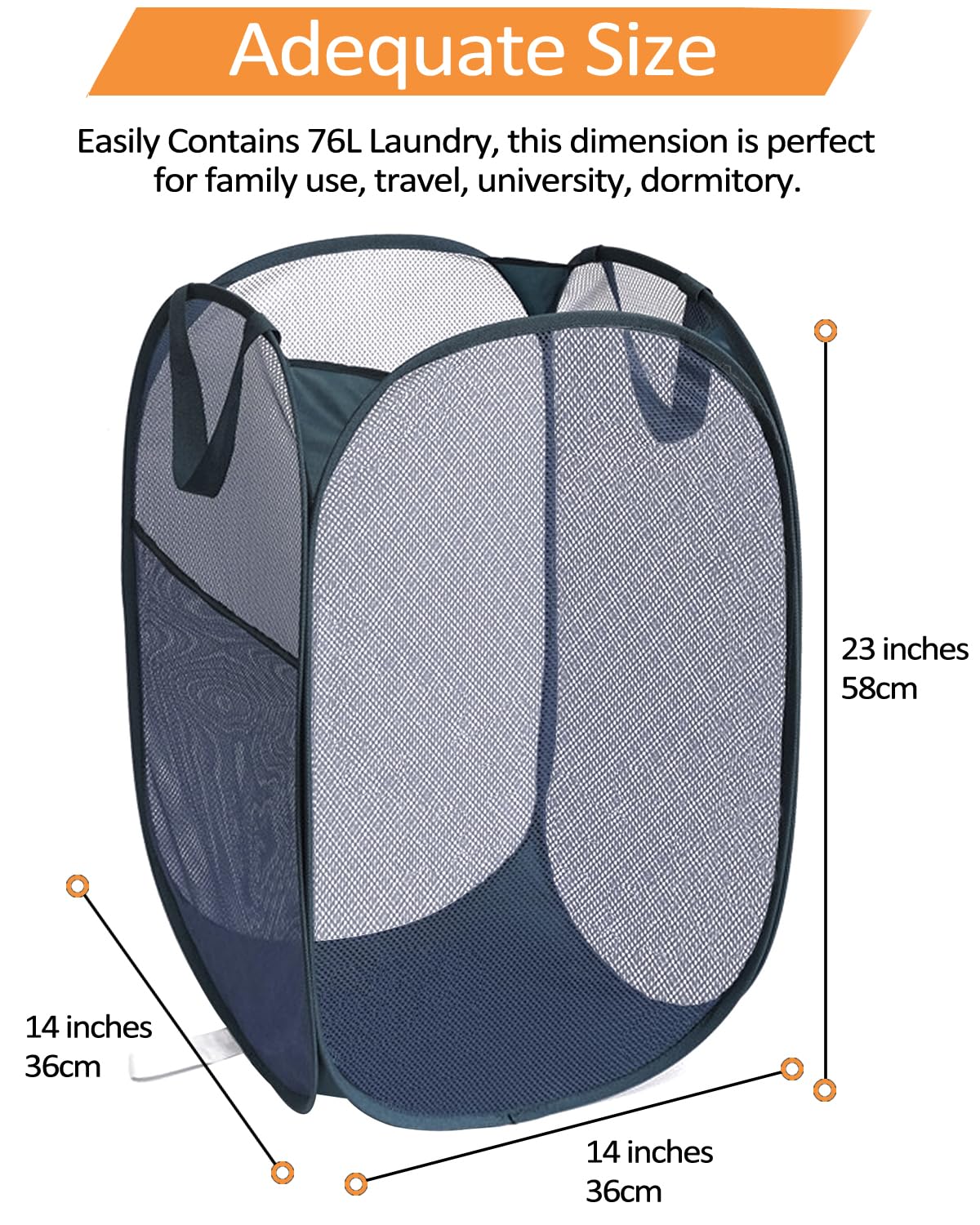 Bemkoo Navy Blue Durable Foldable Laundry Hamper, 22.8 X 14.2 X 14.2 Inches