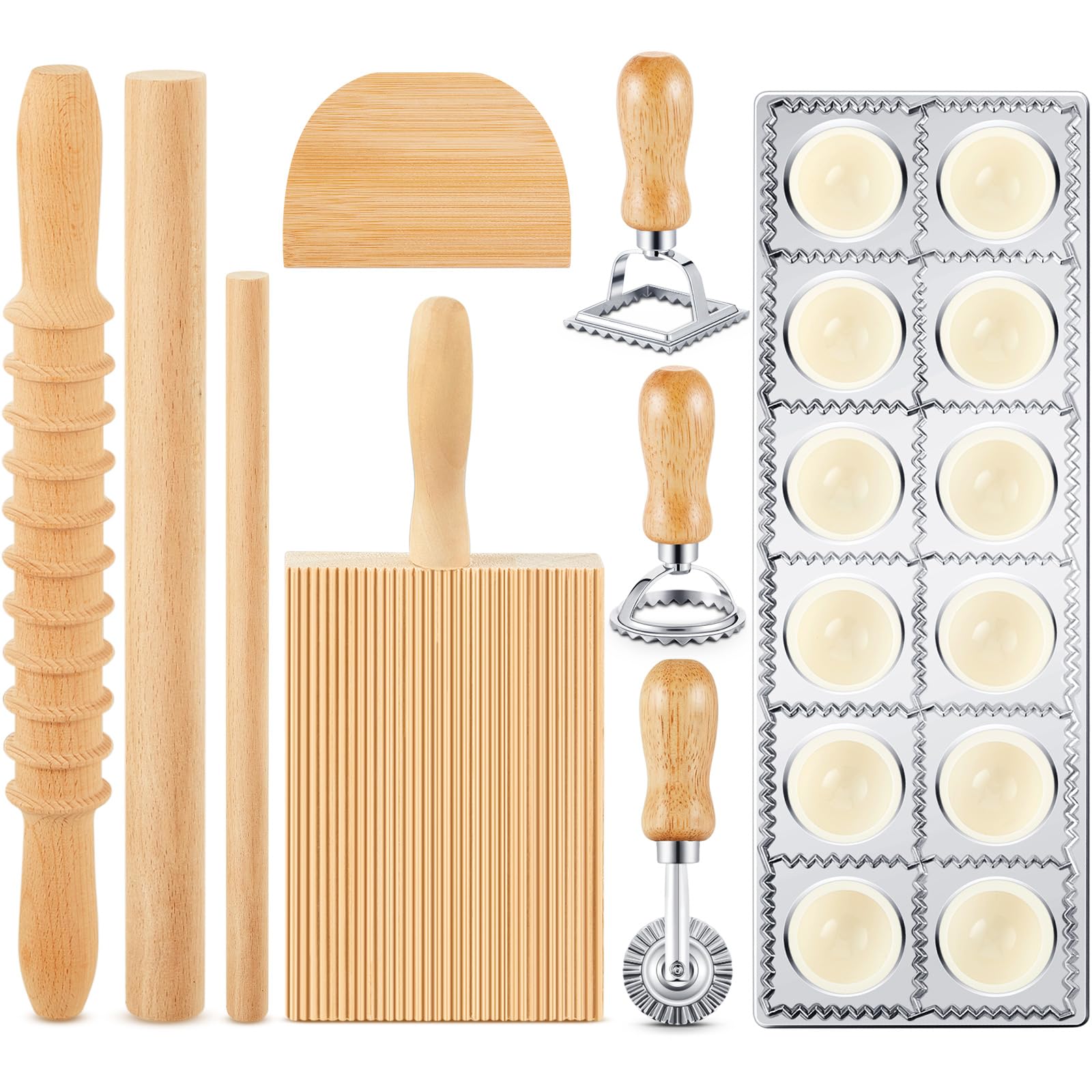 Tioncy 9 Pcs Pasta Making Tool Ravioli Gnocchi Maker Set Include Ravioli Mold Wooden Cutter Rolling Pin Gnocchi Board Wood Stick