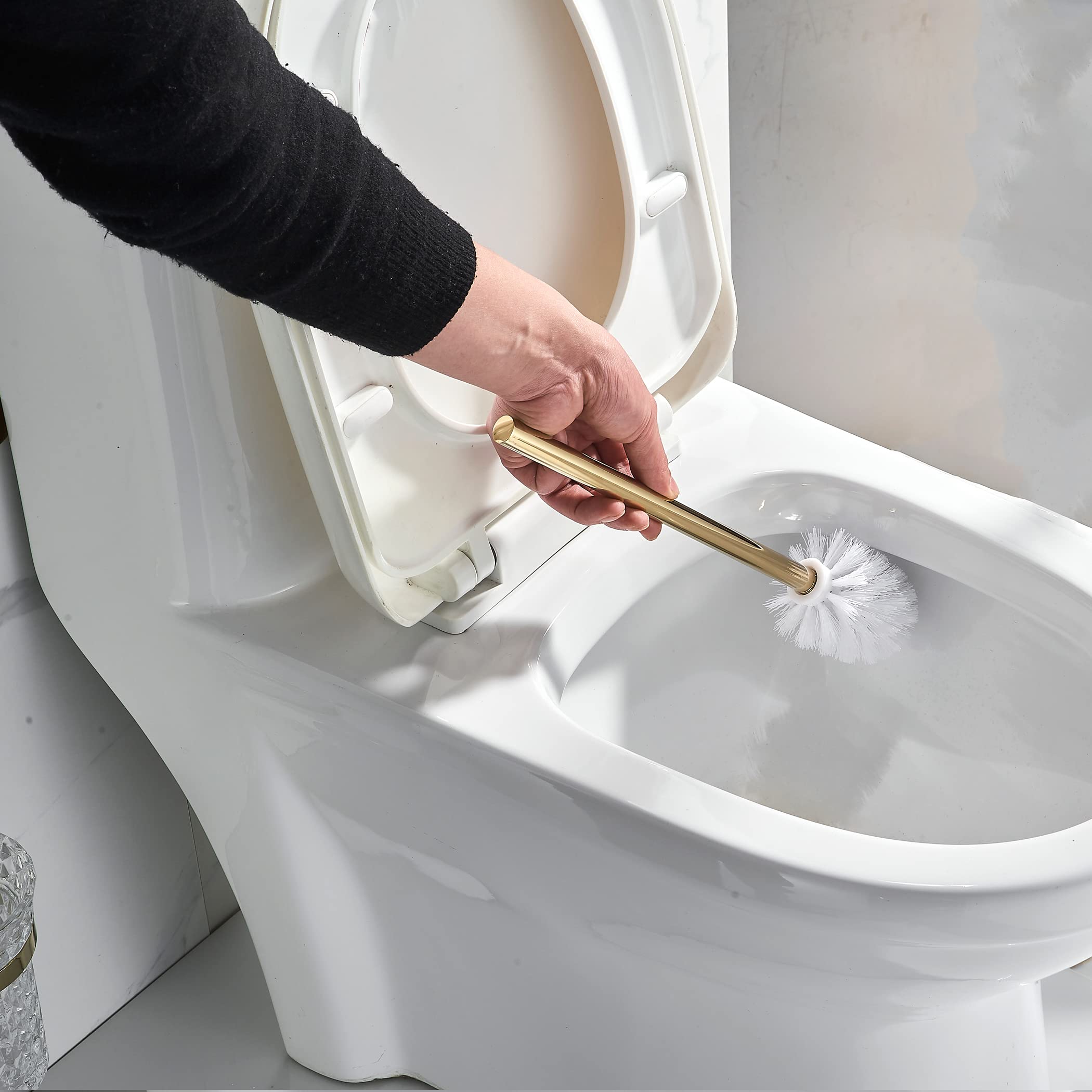 WOLIBEER Crystal Toilet Brush Holder  Polished Gold Brush Handle with Replaceable Brush Head  Stainless Steel Bathroom Cleaning Set Wall Mounted