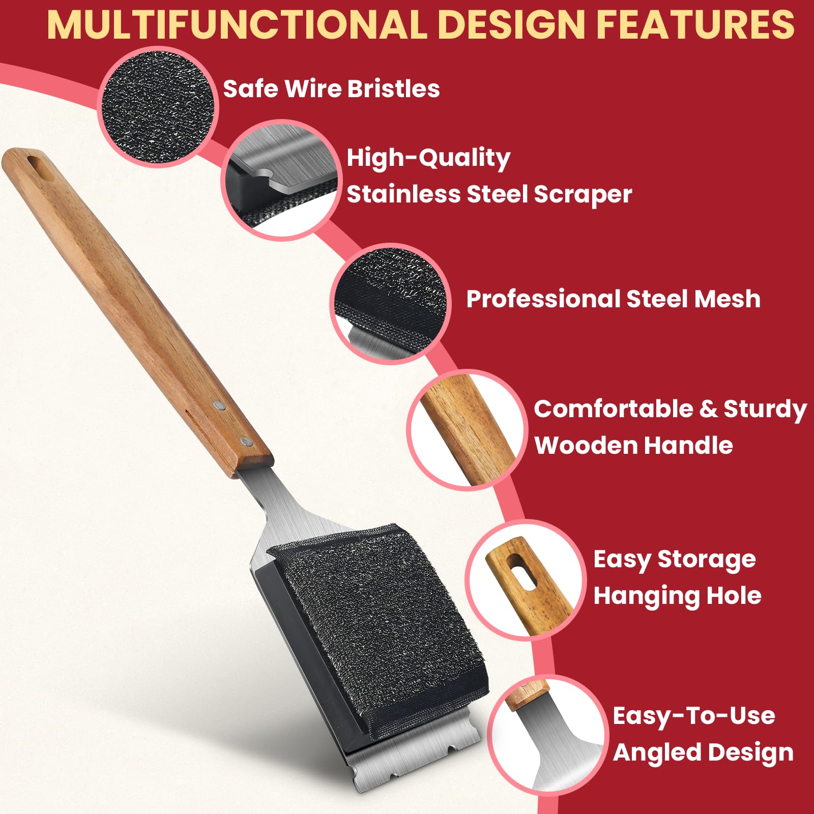 Matscover Grill Brush BBQ Cleaner with Stainless Steel Scraper, Wooden Handle, Replacement Head - First Generation, Bristle-Free Design