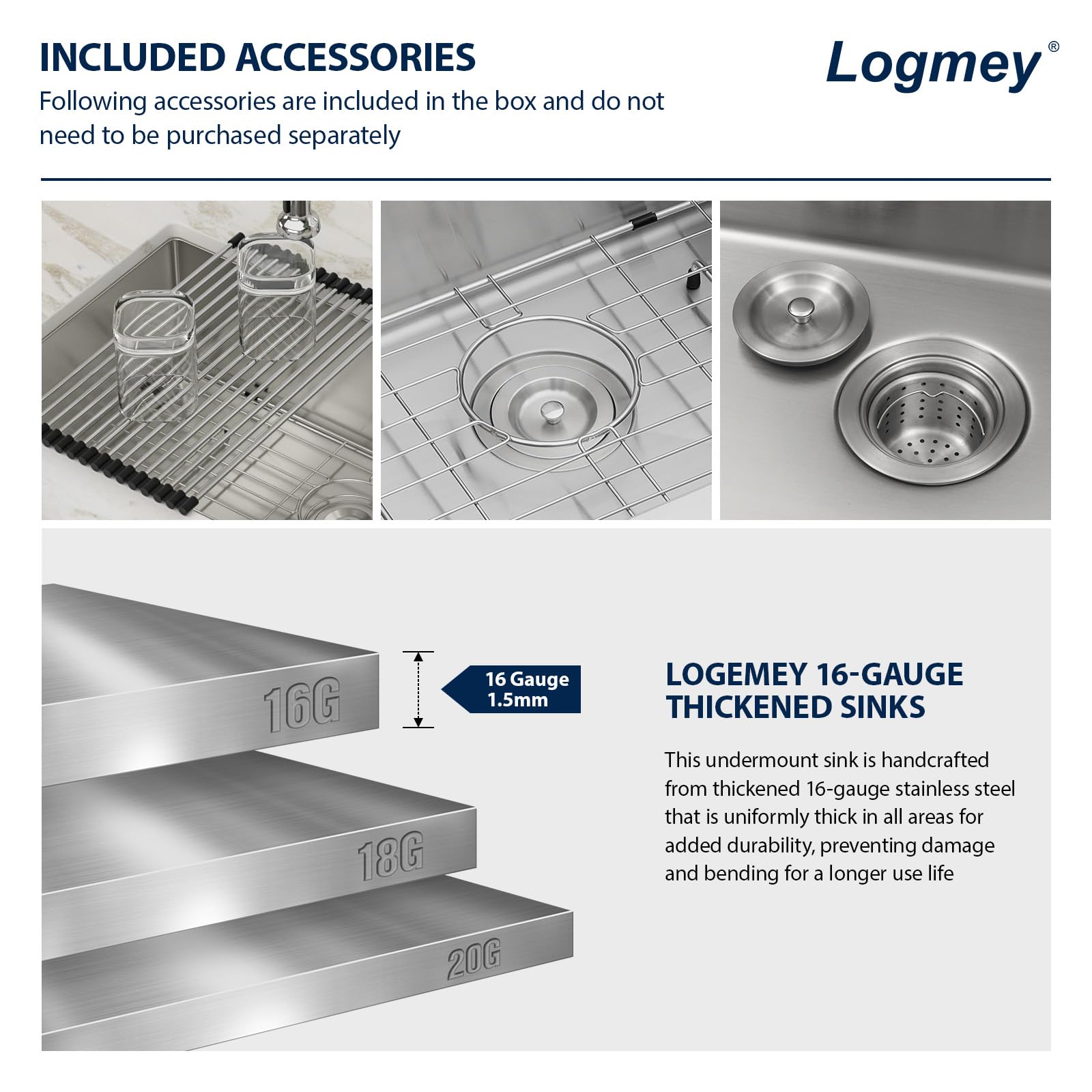 Logmey 27 Inch Undermount Kitchen Sink - 27X18 In Handmade Stainless Steel Kitchen Sinks 16 Gauge 9 Inch Deep Single Bowl Sinks
