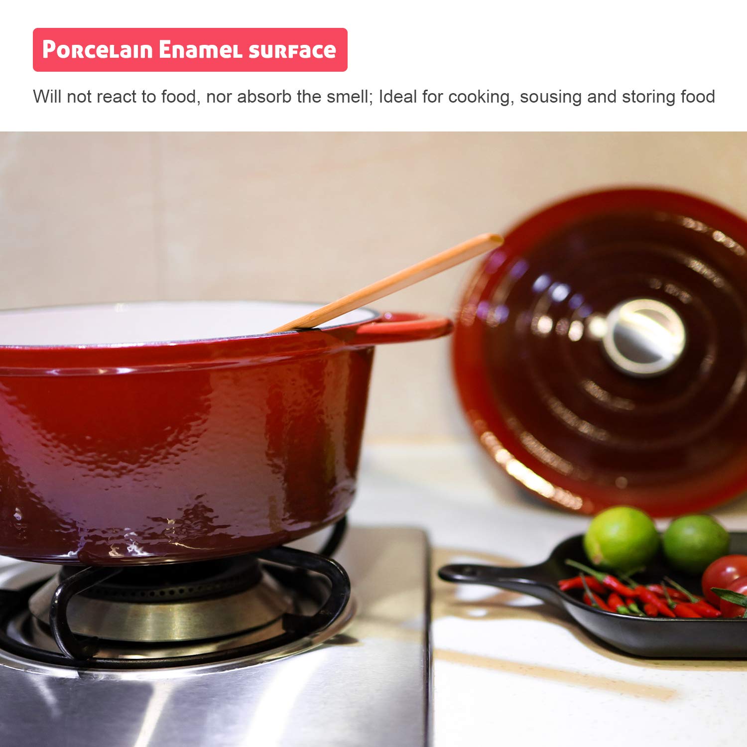 Puricon 5.5 Quart Enameled Cast Iron Dutch Oven With Lid, 5.5 Qt Deep Round Dutch Oven Pot With Dual Handles -Red