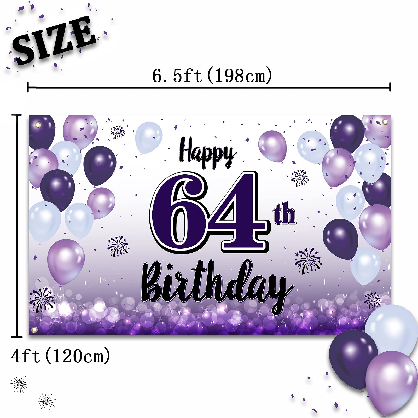 Laskyer Happy 64Th Birthday Decorations,64Th Purple Balloon Large Birthday Banner Backdrop Sign,64 Years Old Bday Party Supplies