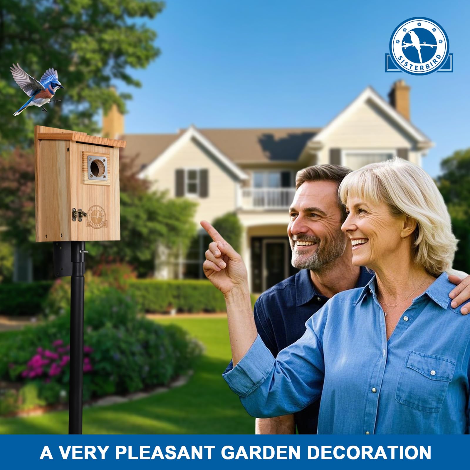 SISTERBIRD Cedar Bird House with Metal Guard, 1-1/2" Entrance Hole, Beige, Outdoor Bluebird Wren Swallow Finch, Assembly Required