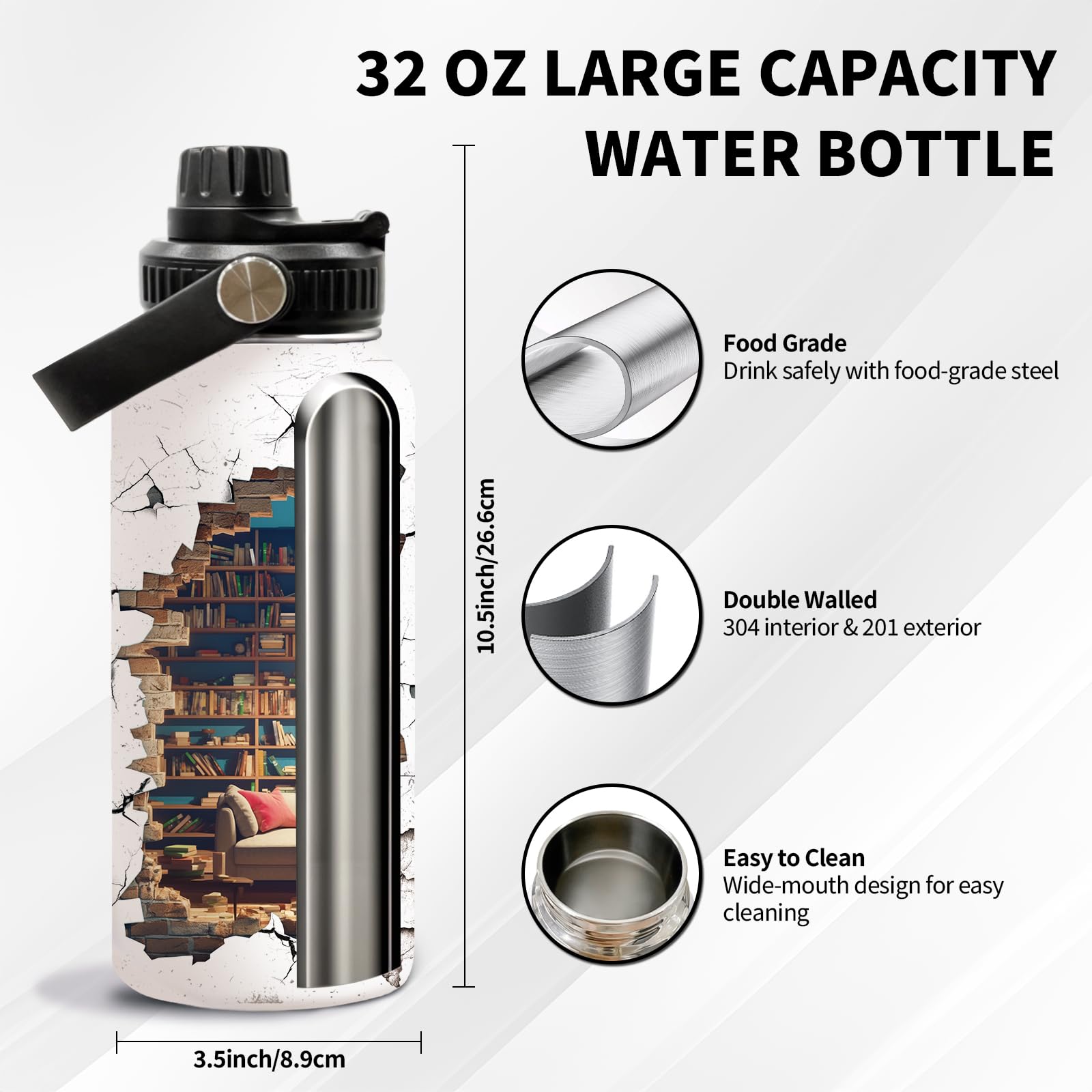 Uibunoo Bookish Gifts, Bookshelf Stainless Steel Water Bottle with Lid 32oz, Gifts for Book Lovers, Readers Writer Bookish Bookw