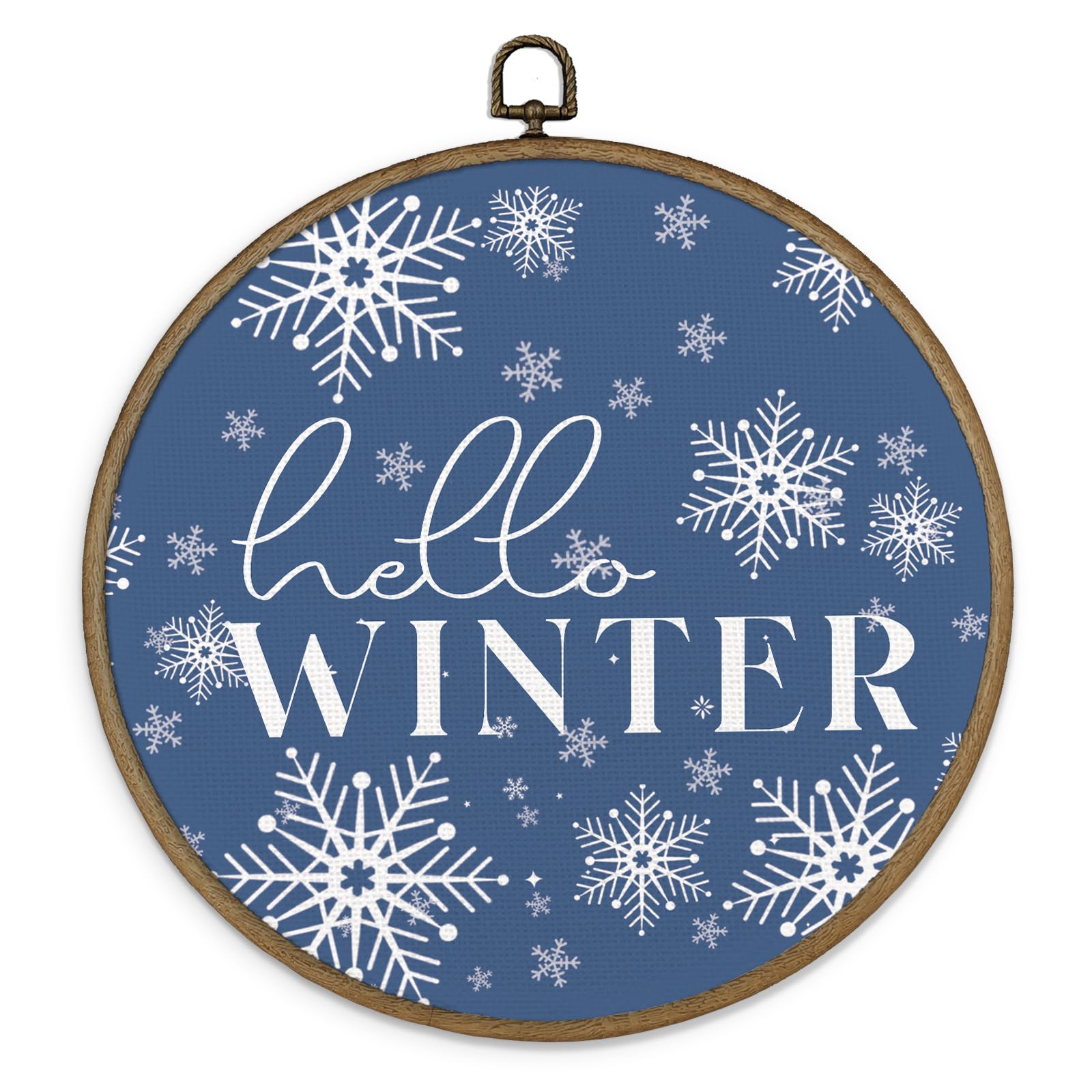 Maqika Hello Winter Christmas Framed Wall Art Decor,Blue Christmas Decor, Winter Wall Decor, Winter Snow Round Wall Hanging Deco