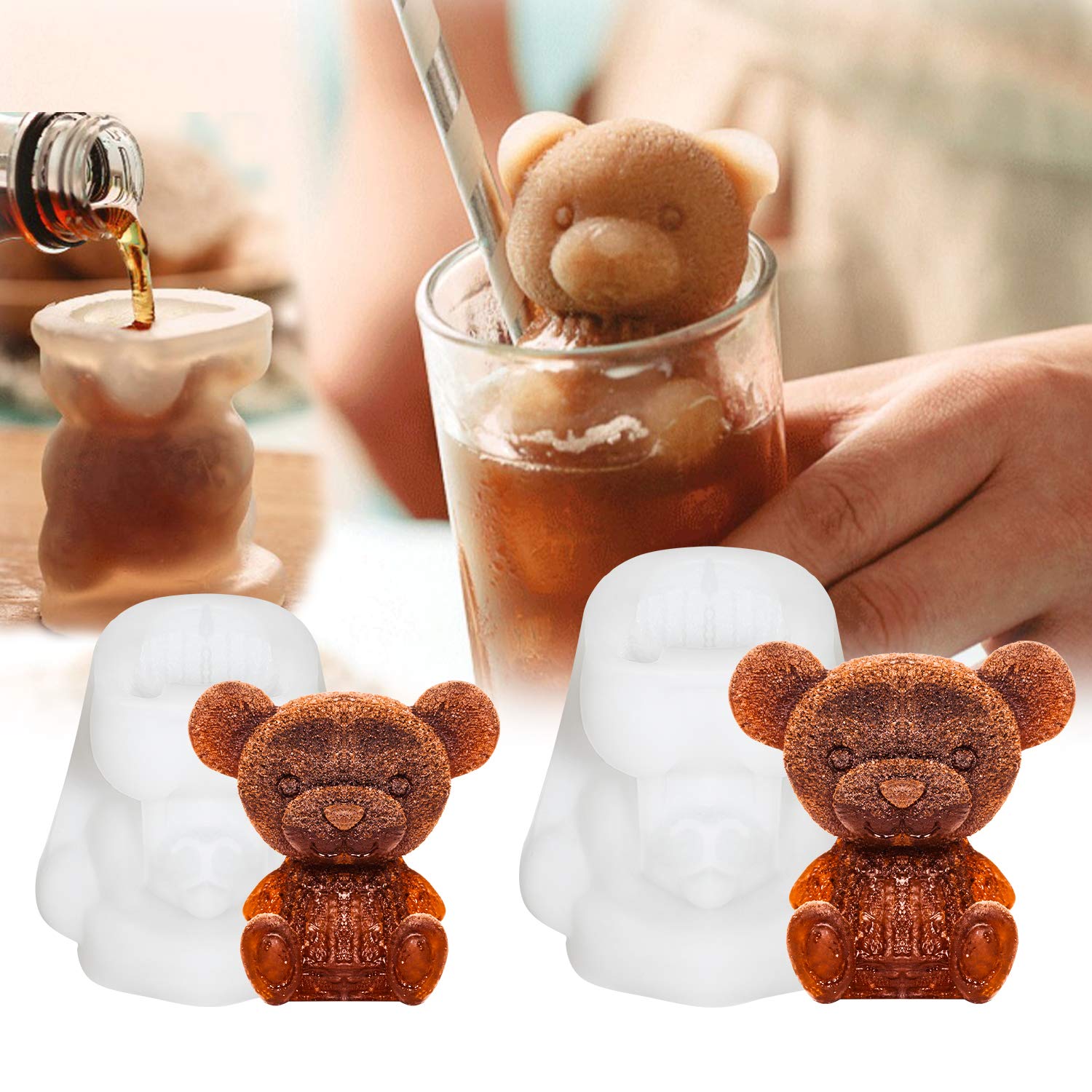 Whaline 2Pcs 3D Teddy Bear Ice Silicone Molds Ice Cube Trays Mold Silicone Animal Mold Soap Candle Mold Ice Cube For Coffee Milk