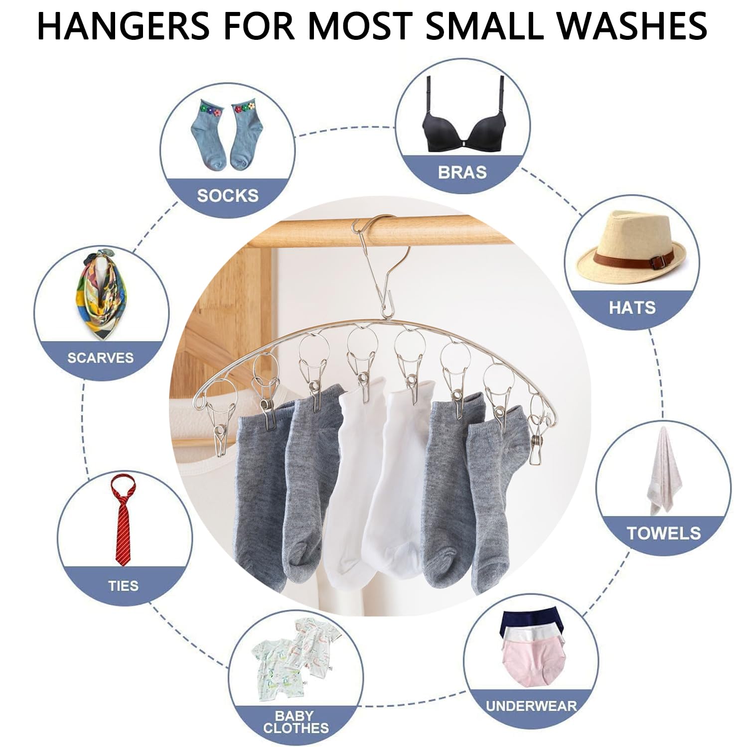 Skroad Stainless Steel Laundry Drying Rack Clothes Hanger With Windproof Hook,Underwear Hanger,Clothes Hangers With 8 Clips For