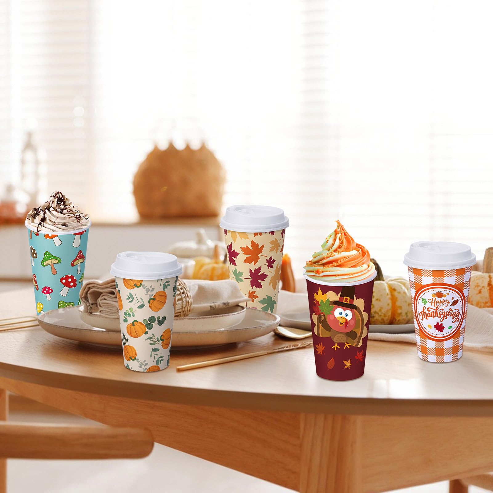 Ovveroche 100 Pack 16 oz Fall Thanksgiving Disposable Coffee Cups with Lids,Pumpkin Maple Leaves Mushroom Disposable Cups for Ho