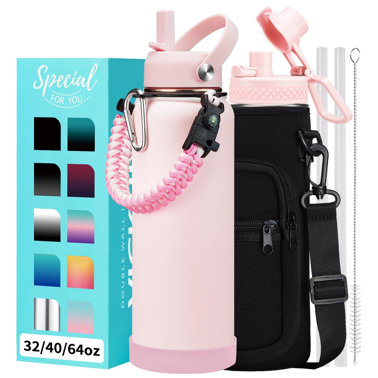 Pink 40 oz Insulated Water Bottle - with Straw Spout Lids, Triple Wall Stainless Steel Water Bottles Cold 48H Hot 24H, Wide Mout