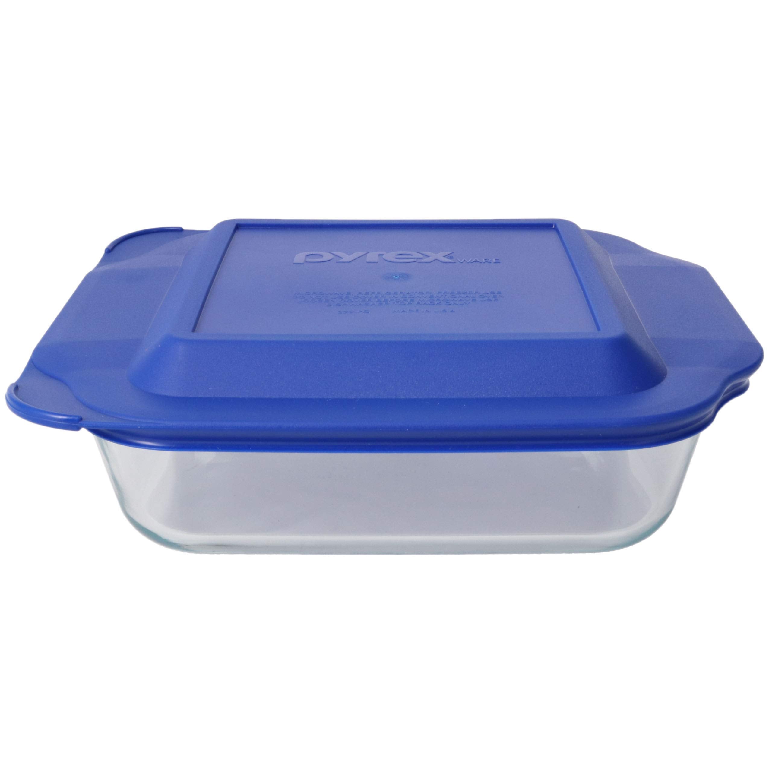 Pyrex 222 (2Qt) Clear Glass Baking Dish with Blue Lagoon Lid  Made in USA