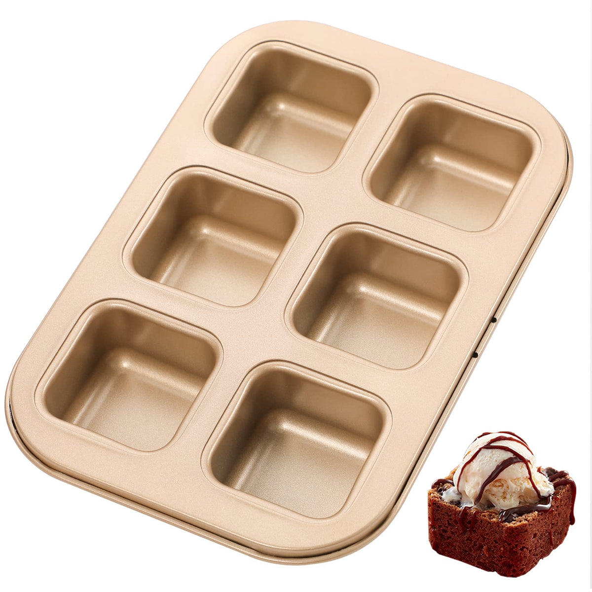 Webake Brownie Cake Pan, 6-Cavity Non-Stick Square Muffin Pan 1.6 Inch Deep Brownie Mold Small Cake Pan Bakeware For Oven Baking