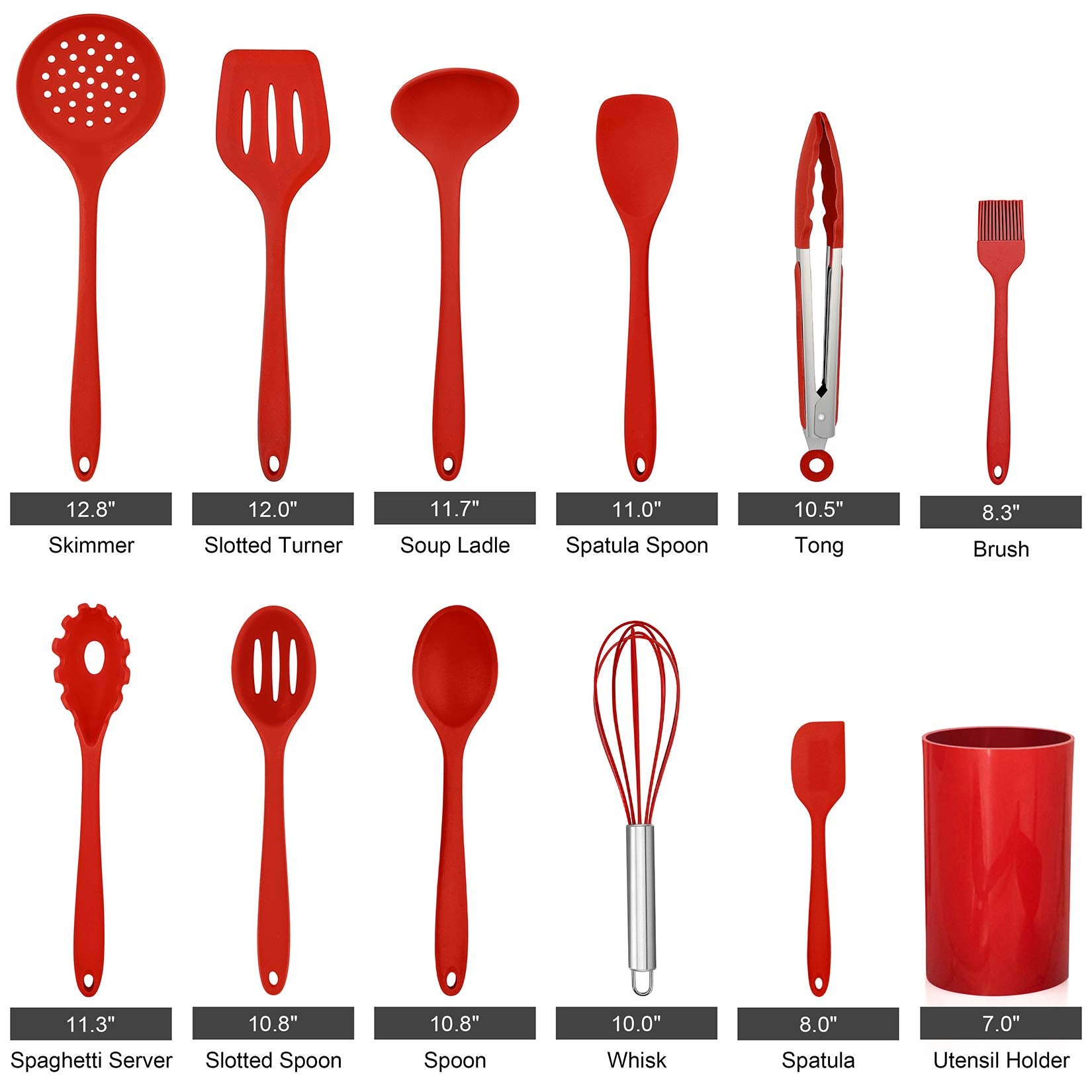 Lianyu 12-Piece Red Silicone Kitchen Cooking Utensils With Holder, Kitchen Tools Set Include Slotted Spatula Spoon Turner Ladle