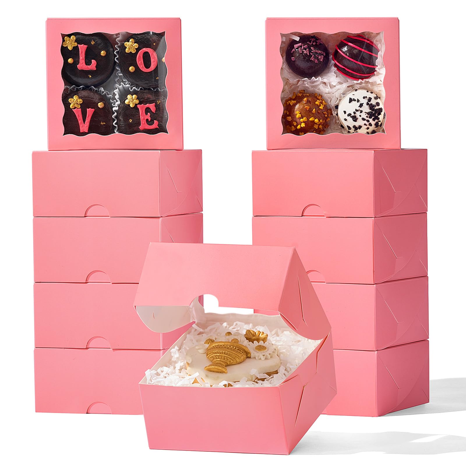 SLShePack 80 Pack 4x4x2 Pink Bakery Treat Boxes with Clear Window and Manual Closure