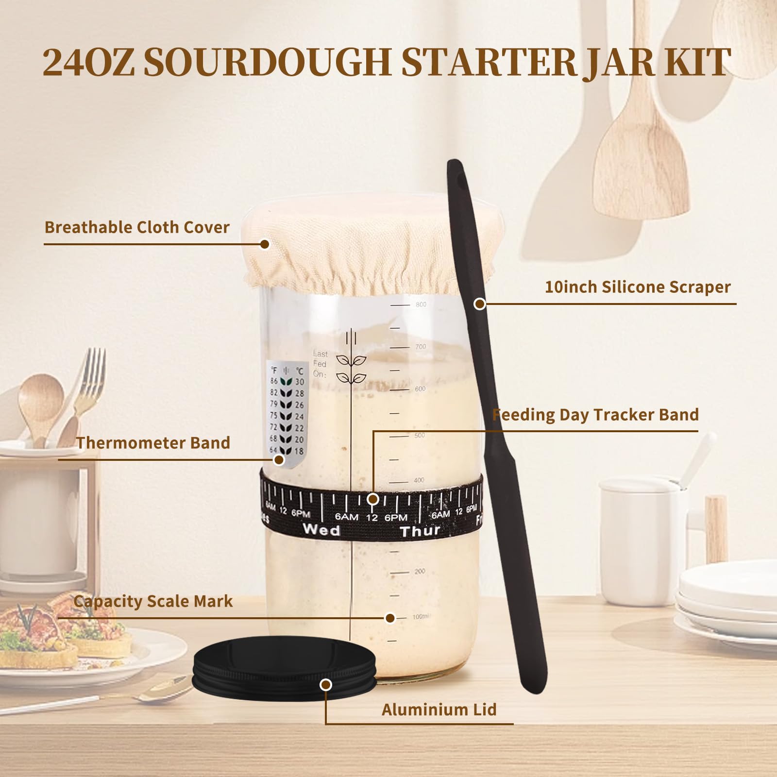 Sourdough Starter Kit,Banneton Bread Proofing Basket 10Inch Round,Sourdough Bread Baking Supplies With Starter Jar,Bread Sling,L
