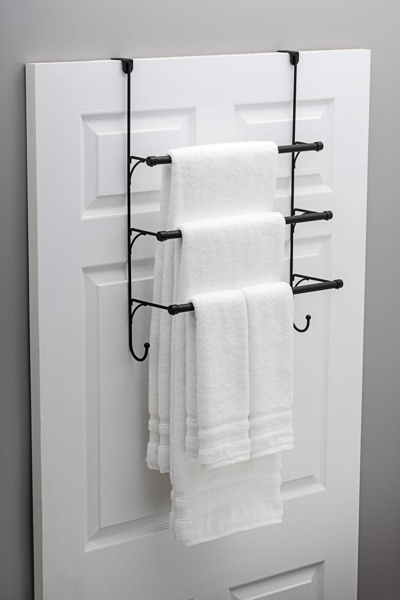 Franklin Brass (1-Pack) Over The Door Hooks Triple Towel Rack Matte Black 3-Tier Towel Bar Rack With Hooks For Bathroom Organize