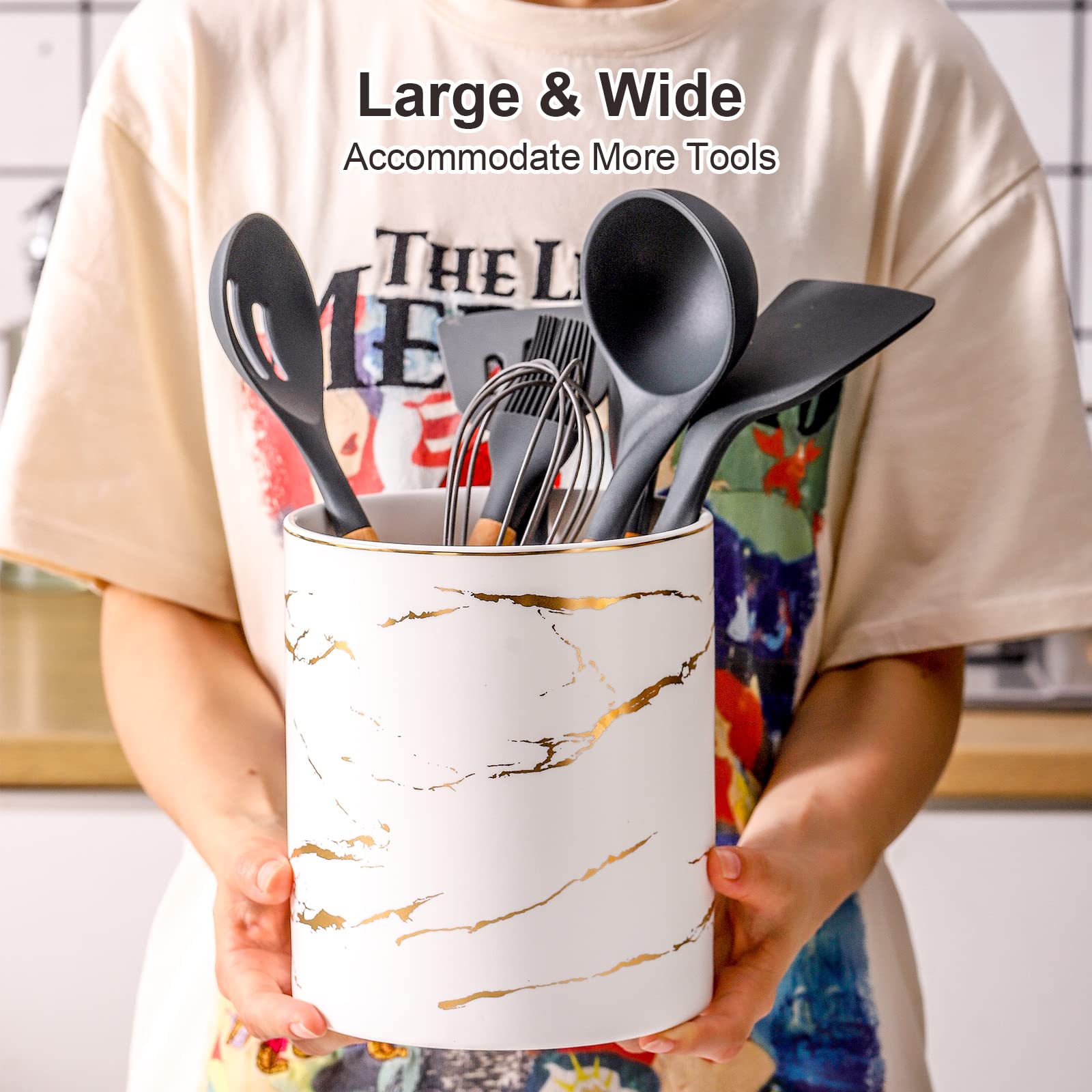 Howise 7'' Marble Utensil Holder, Large Kitchen Utensil Holder Organizer For Kitchen Counter, Golden Marble White Stable Utensil