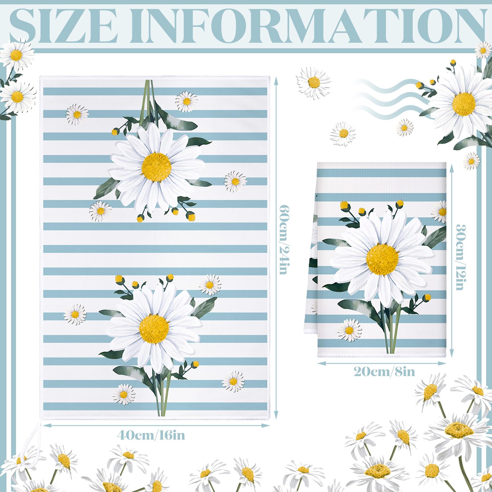 Boyiee Set of 6 Daisy Flower Kitchen Towels Daisy Stripes Tea Towels Floral Absorbent Dishtowels 24 x 16 Inches Housewarming Gif
