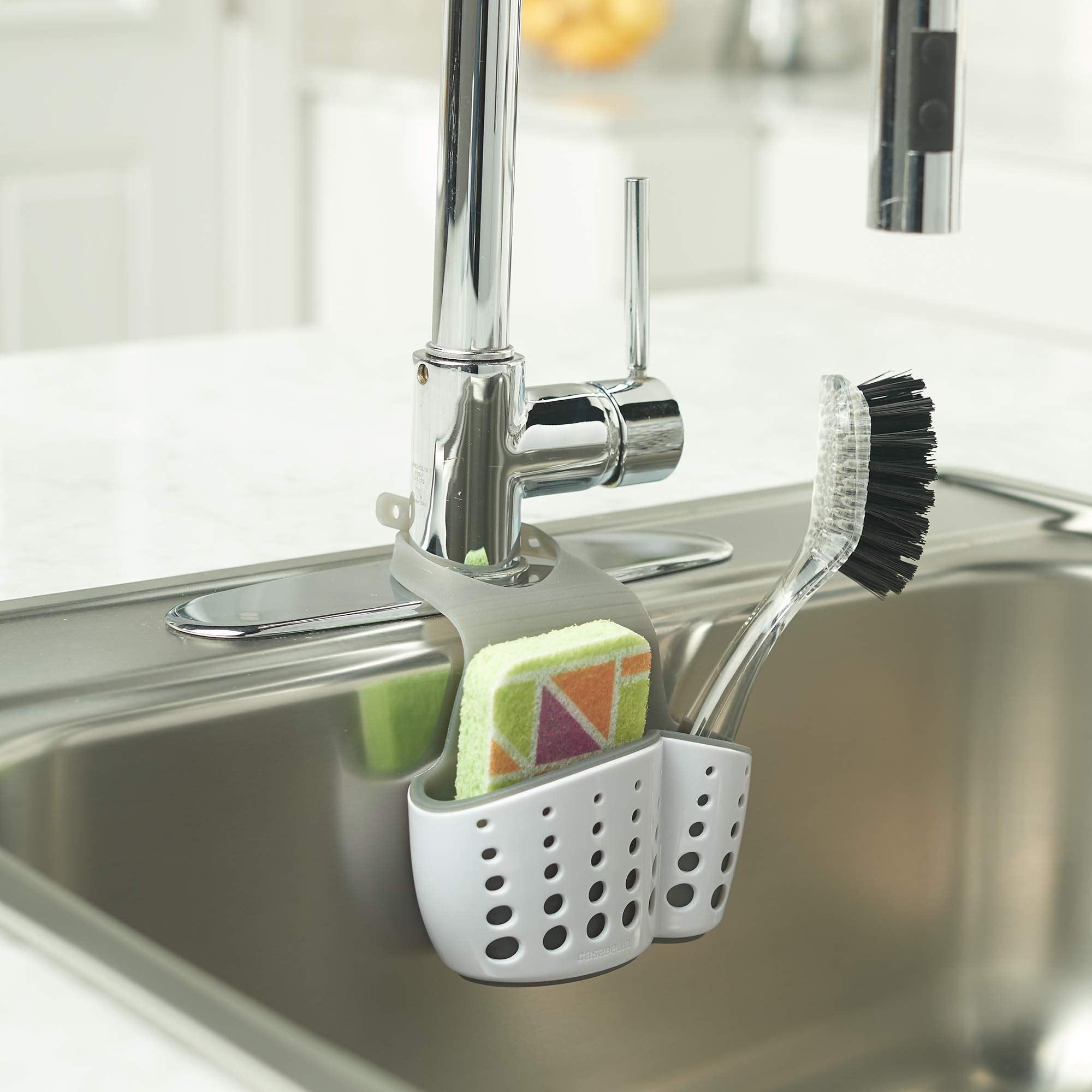 Casabella Sink Sider Faucet Caddy Sponge Holder,White & Grey
