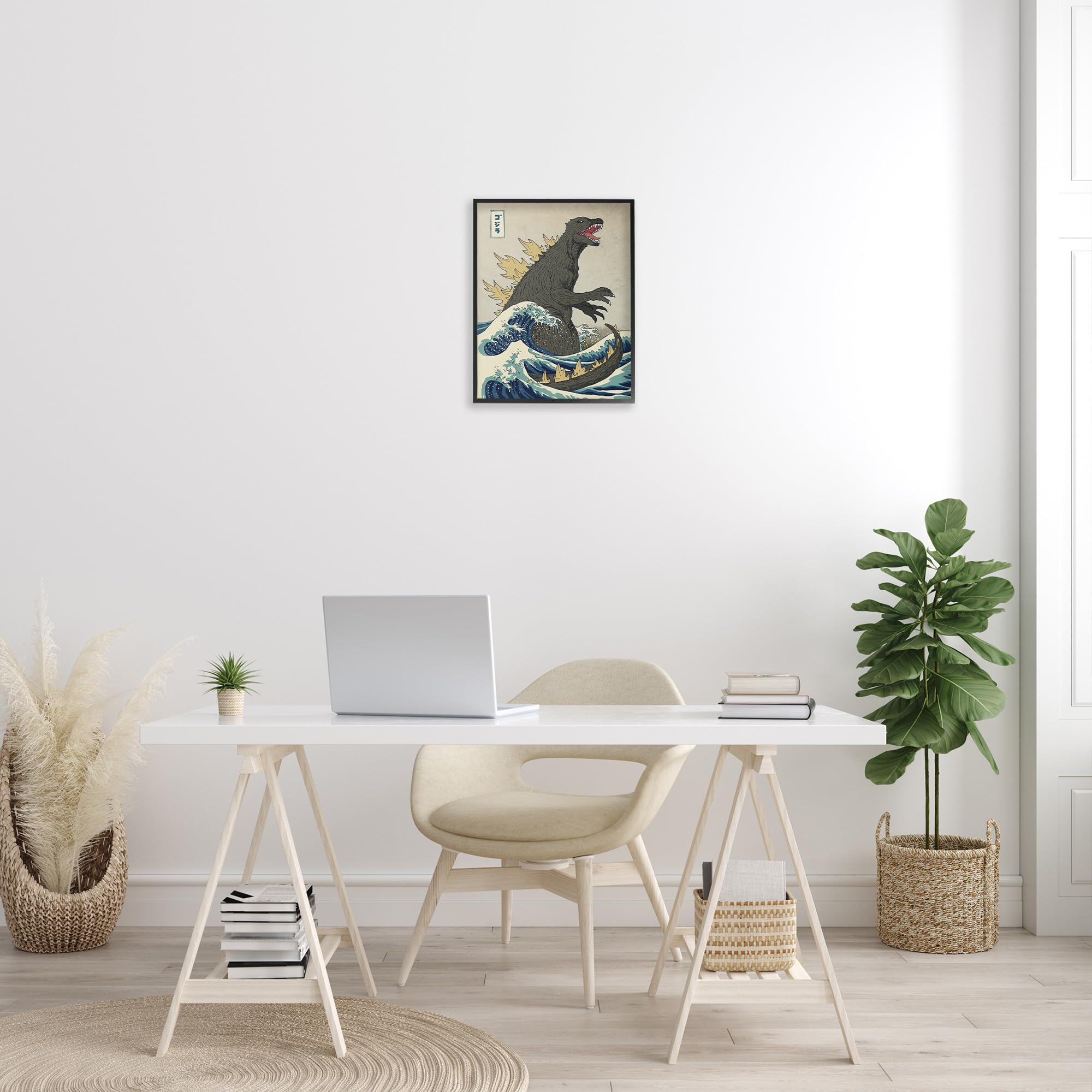Stupell Industries Godzilla In The Waves Eastern Poster Style Illustration Framed Giclee Art Design By Artist Michael Buxton