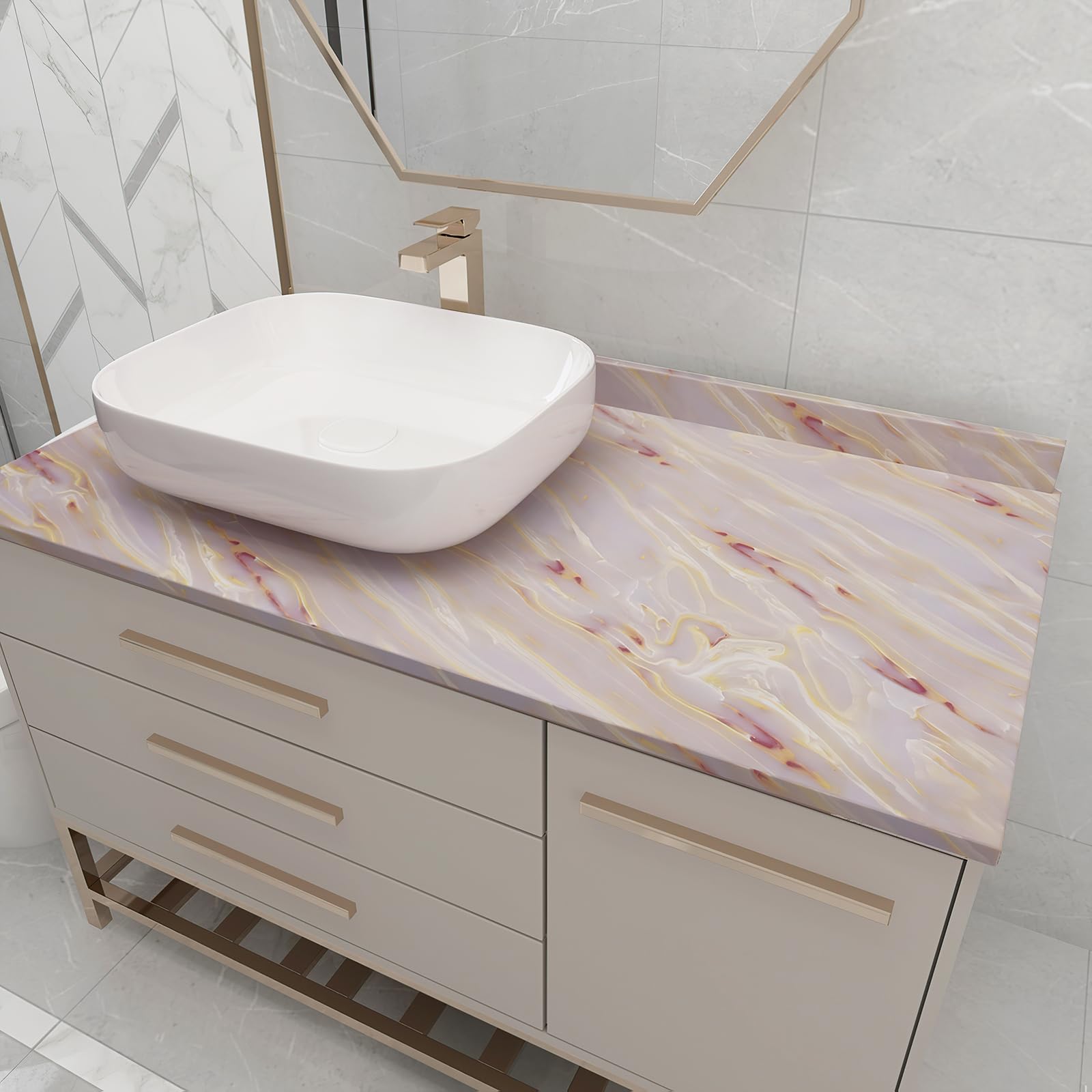 Boobest 15.7''X196'' Granite Gold White Marble Contact Paper Light Pink Peel And Stick Abstract Marble Wallpaper Countertop Cabi