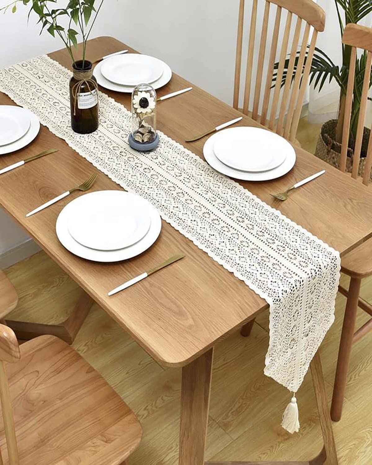 Table Runner 10 X 69 Inches, Woven Cotton Crochet Lace Boho Table Runners With Tassels For Home Dining Table, Farmhouse Style D