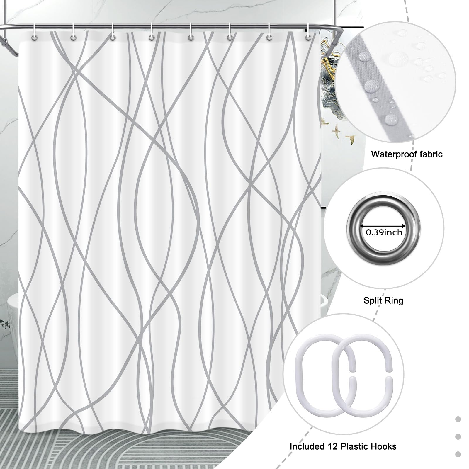 Punkray Grey and White Striped Fabric Shower Curtain for Bathroom with 8 Hooks  Shower Curtains for Bathroom Decoration 54x72 Inch with Hooks Weighted Hem Waterproof Bath Accessories Hotel Style