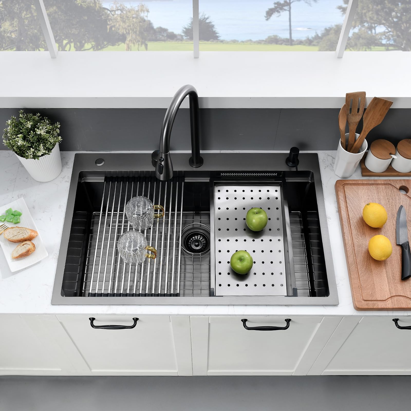 33 Inch Black Drop In Waterfall Kitchen Sink-Somrxo 33 X 22 Kitchen Sink With Waterfall Workstation Sink 16 Gauge Black Stainles