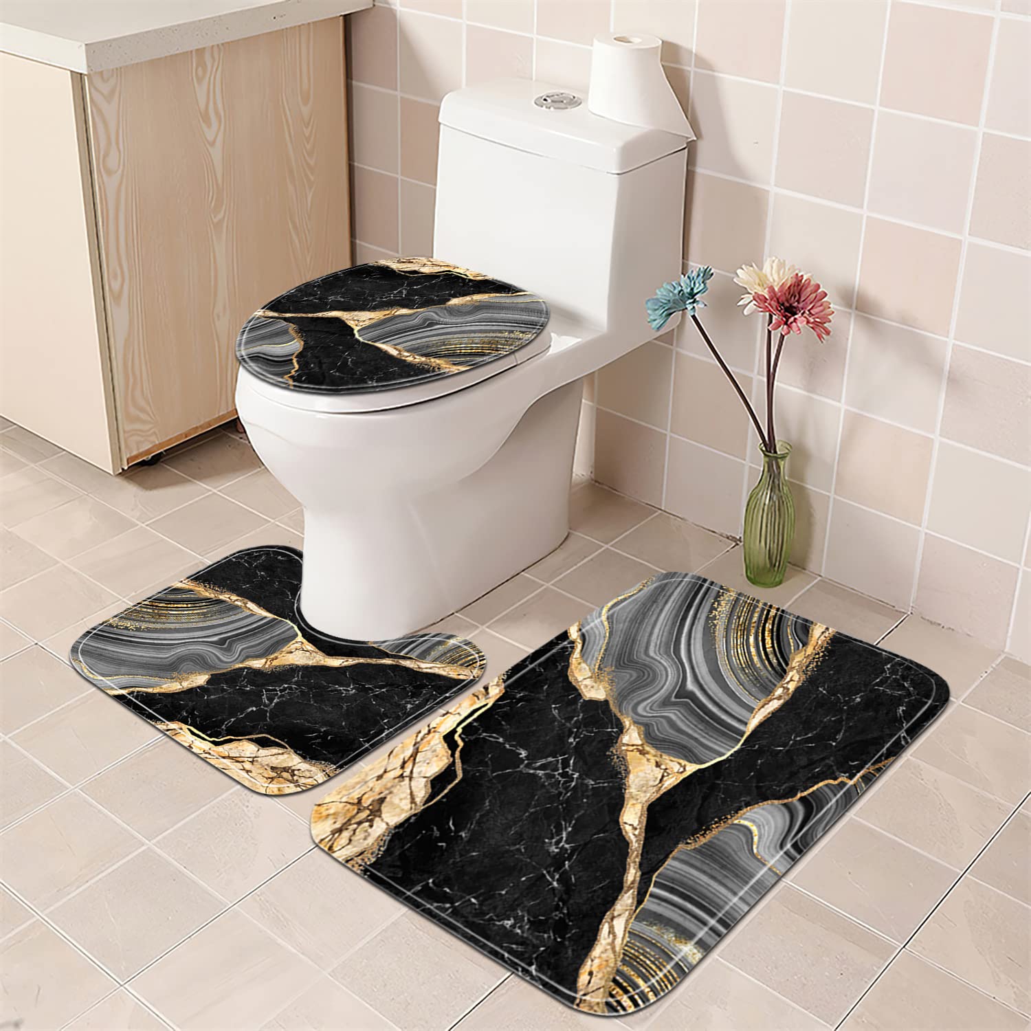 Nkzply 4 Pcs Black Marble Shower Curtain Sets With Rugs Gold Bathroom Sets With Shower Curtain And Rugs Modern Abstract Grey Bat