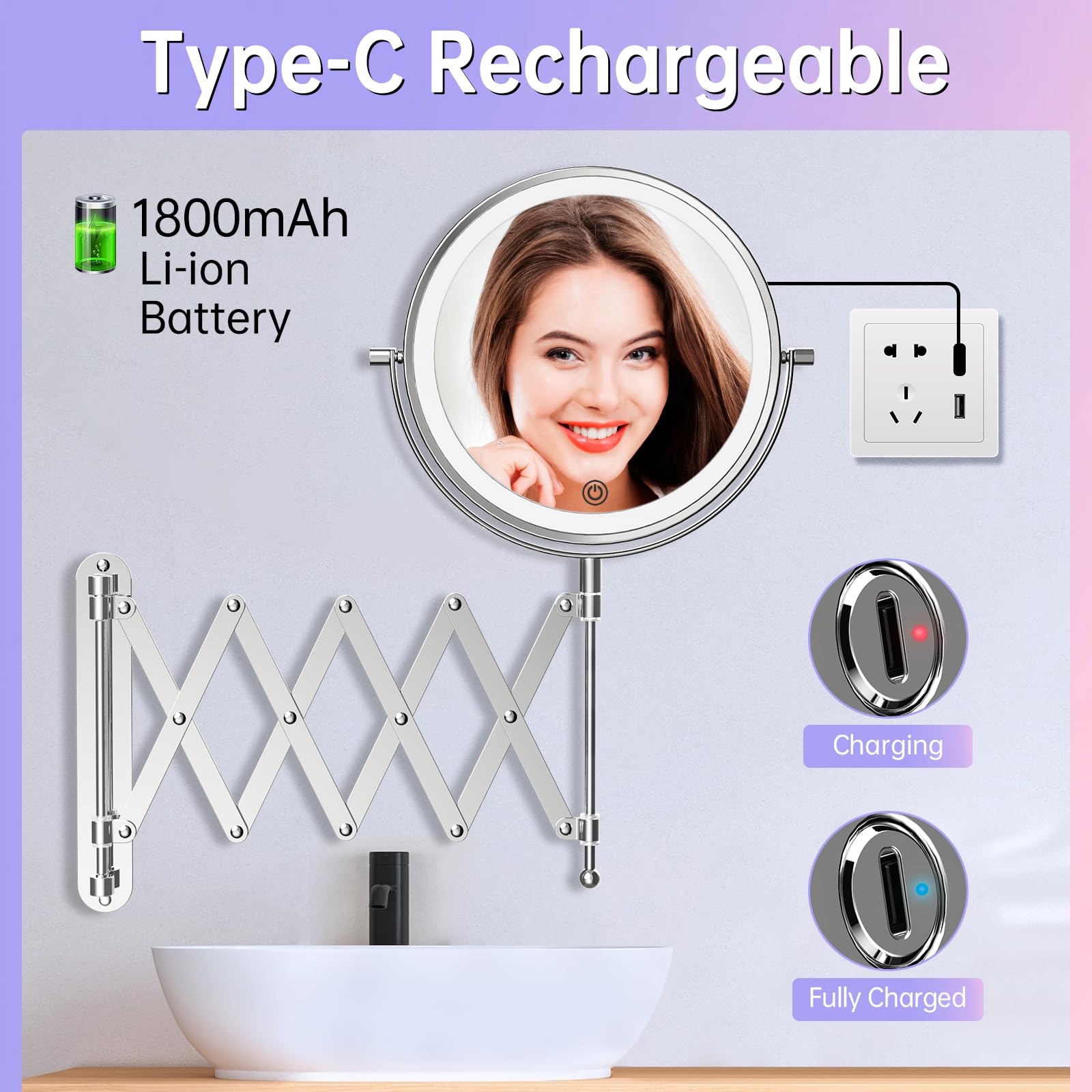 Rechargeable Wall Mounted Makeup Mirror With Lights, 1X/10X Magnifying Mirror With 3 Light Settings, 8 Inch 360 Swivel Bathroom