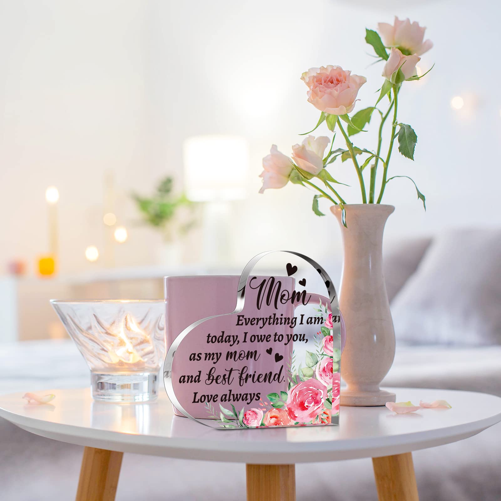 Gift for Mom from Daughter Son Christmas Acrylic Heart Shaped Block for Moms Bonus Heart Plaque Sign for Grateful MotherS Day Bi