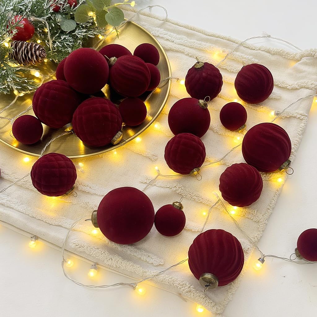 XmasExp 36PCS Velvet Christmas Ornaments Set Mixed Flocked Balls Ornaments Shatterproof Christmas Tree Decorations for Holiday,P