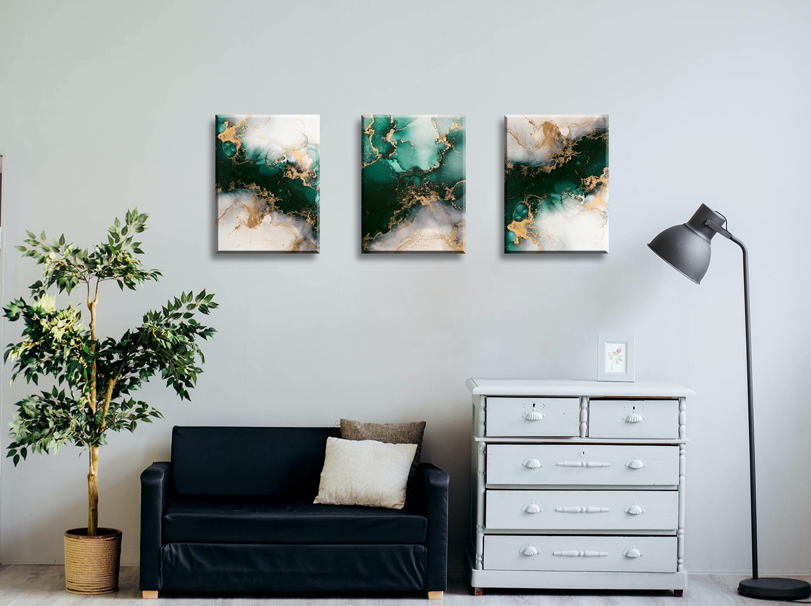JiazuGo Emerald Green Bathroom Decor Modern Abstract Canvas Wall Art Bedroom Living Room Wall Decor Green and Gold Fluid Abstract Marble Texture Painting Pictures Home Decorations 12'' X 16'' X 3 Pieces
