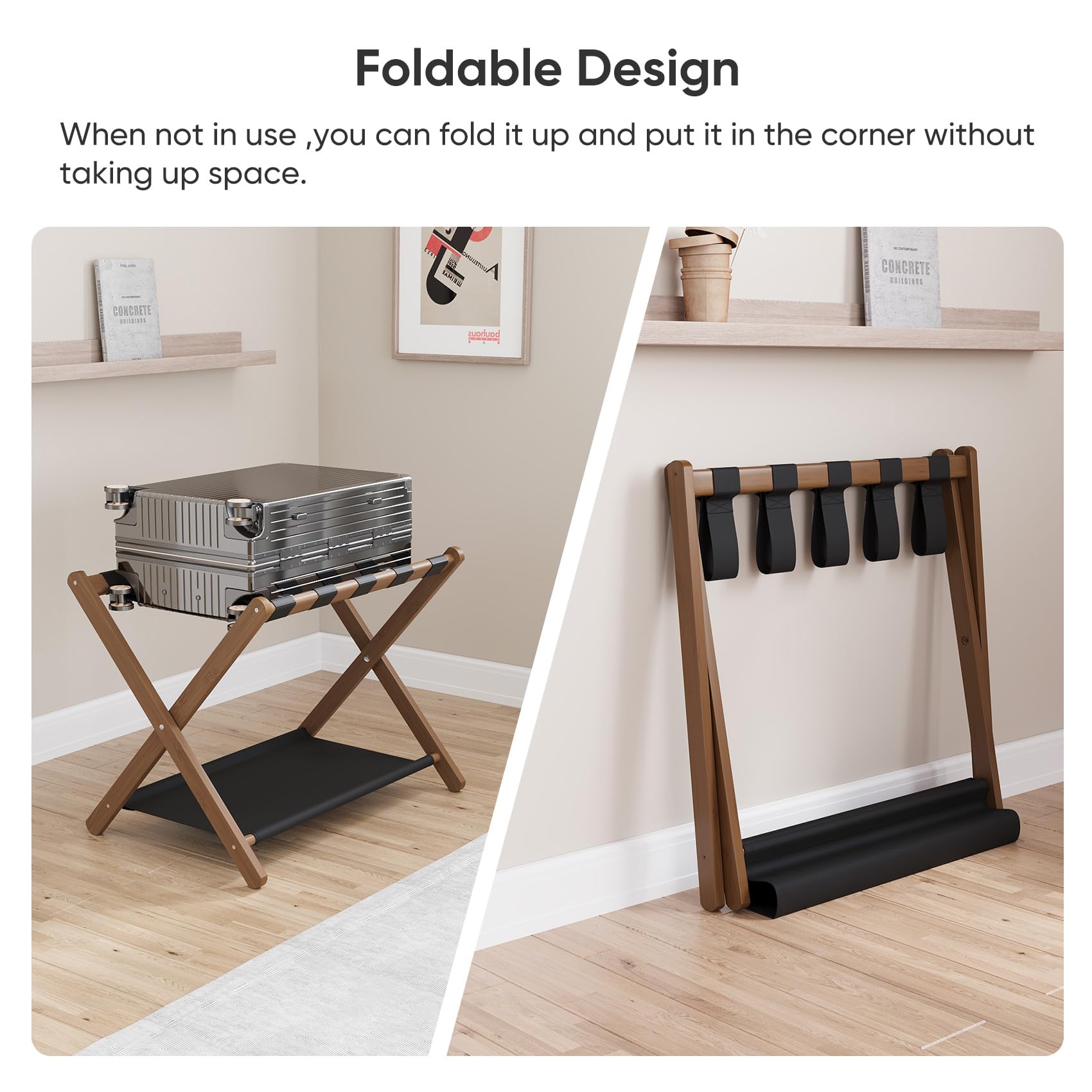 Smuxee Walnut Bamboo Luggage Rack For Guest Room, Foldable Suitcase Stand With Storage Shelf, Easily Assembled Luggage Stand Wit