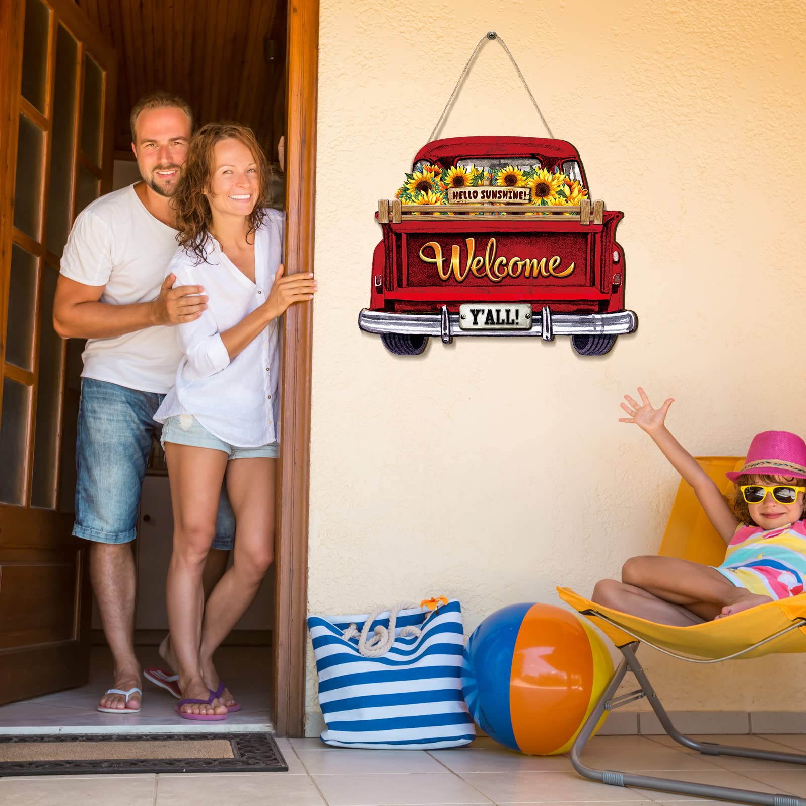 Ferraycle Interchangeable Christmas Welcome Sign for Front Door Farmhouse Truck Decor Rustic Hanging Sign with 12 Interchangeabl