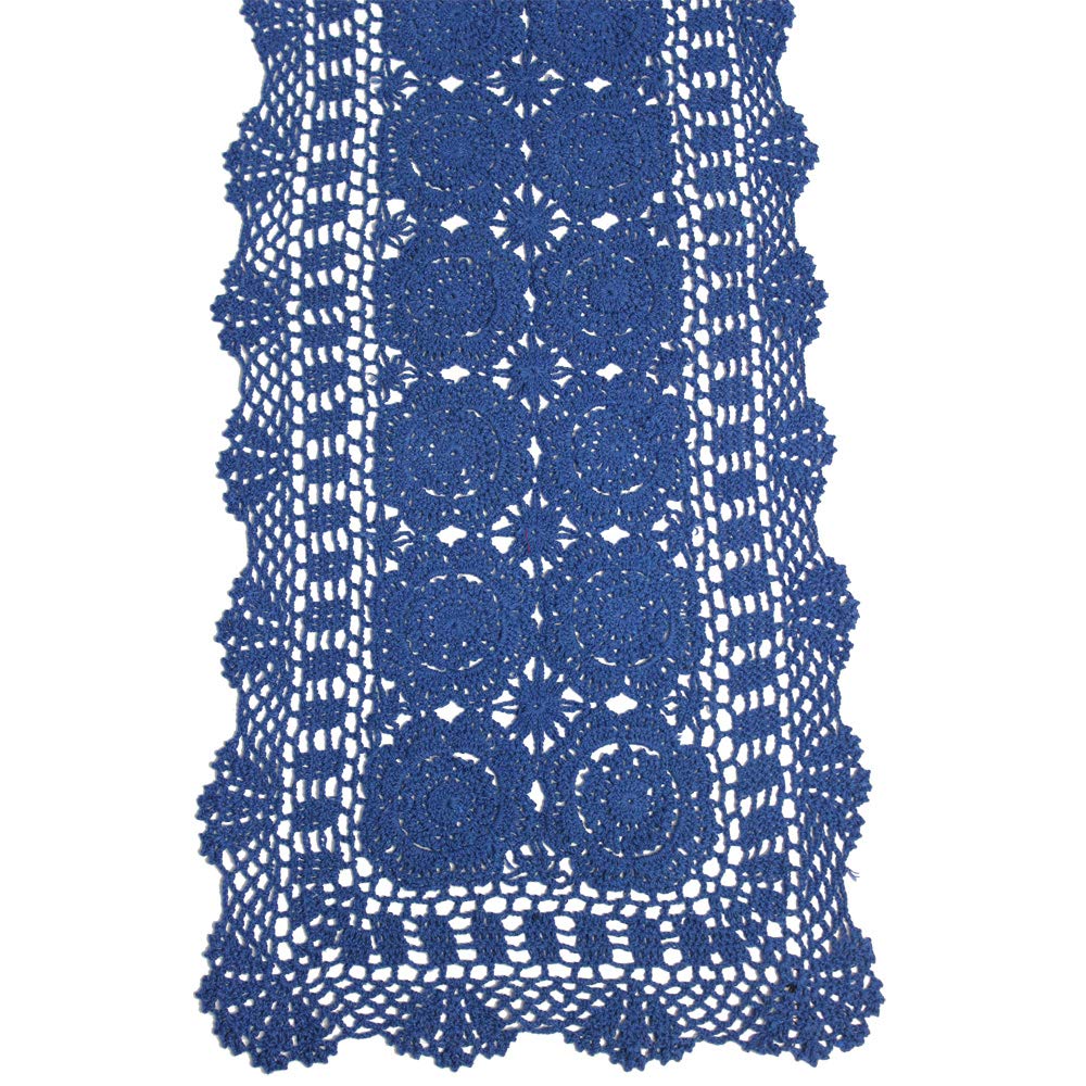 Kepswet Cotton Handmade Crochet Lace Table Runner Blue Rectangle Coffee Table Dresser Decor (14X60 Inch)