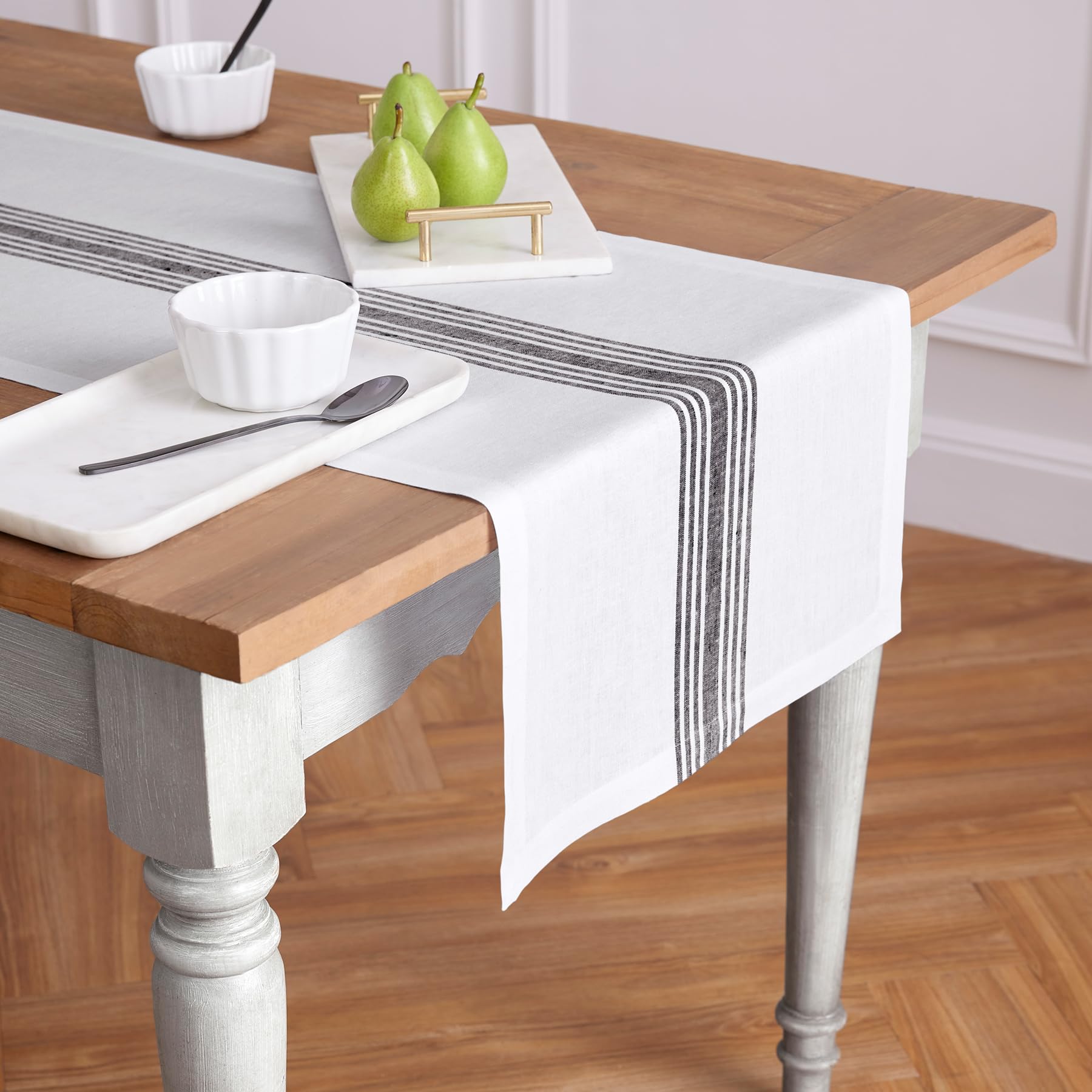 Solino Home Farmhouse Linen Black And White Table Runner 108 Inches Long - 100% Pure Linen Stripe Dining Table Runner 18 X 108 I