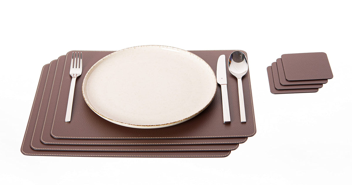 Nikalaz Set Of Small Brown Placemats And Coasters, 4 Table Mats And 4 Coasters, Recycled Leather, Place Mats 15.75'' X 11.8'' An