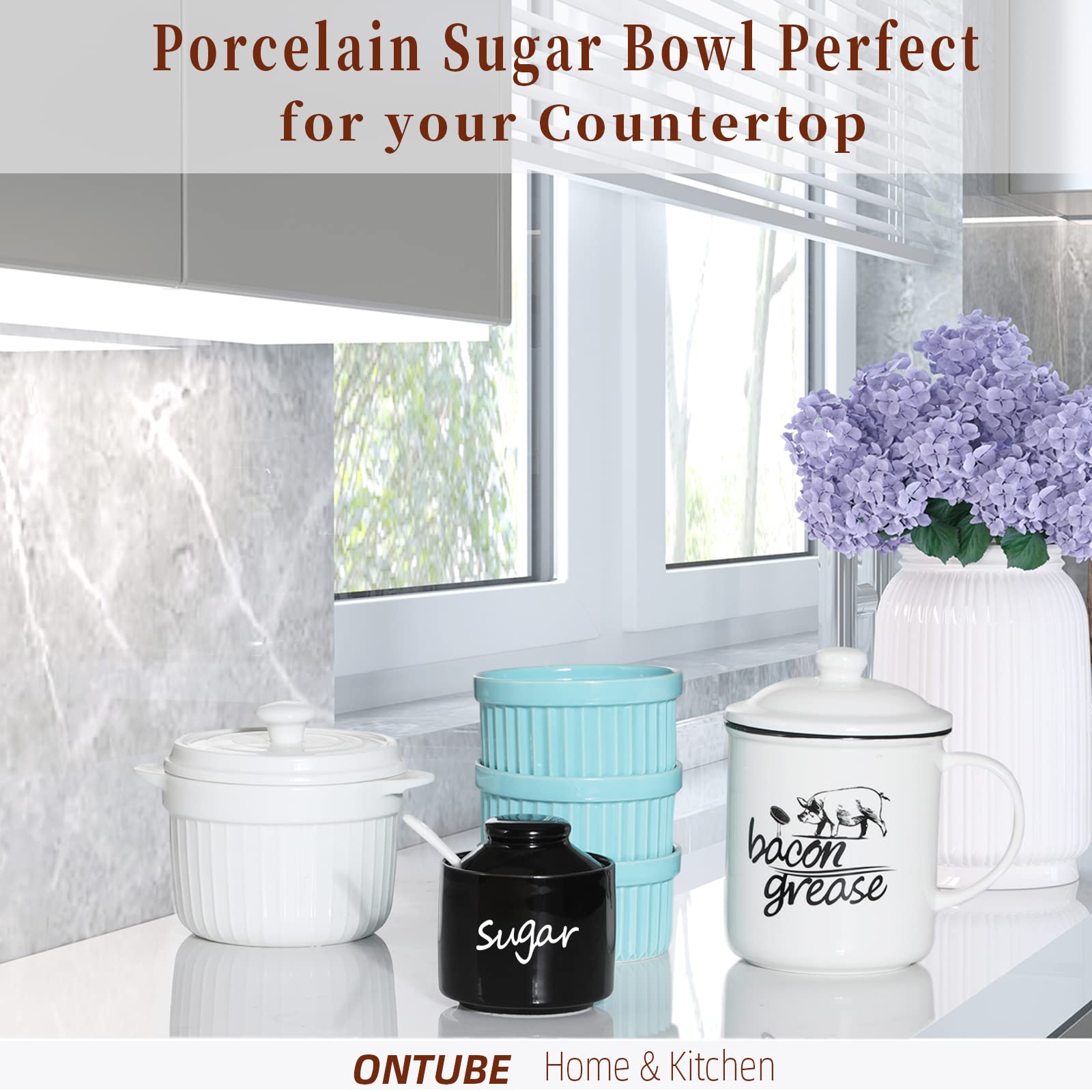 Ontube Ceramic Sugar Bowl With Lid And Spoon,Porcelain Sugar Pot,8Oz (Black)