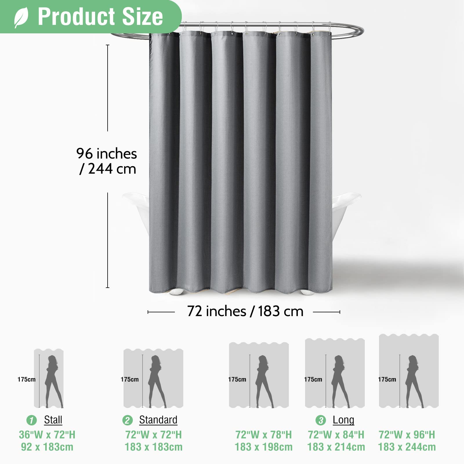 Dynamene Extra Long Shower Curtain,96 Inch Long Waffle Weave Weighted Thick Cloth Bathroom Shower Curtain, Neutral Heavy Duty Ho