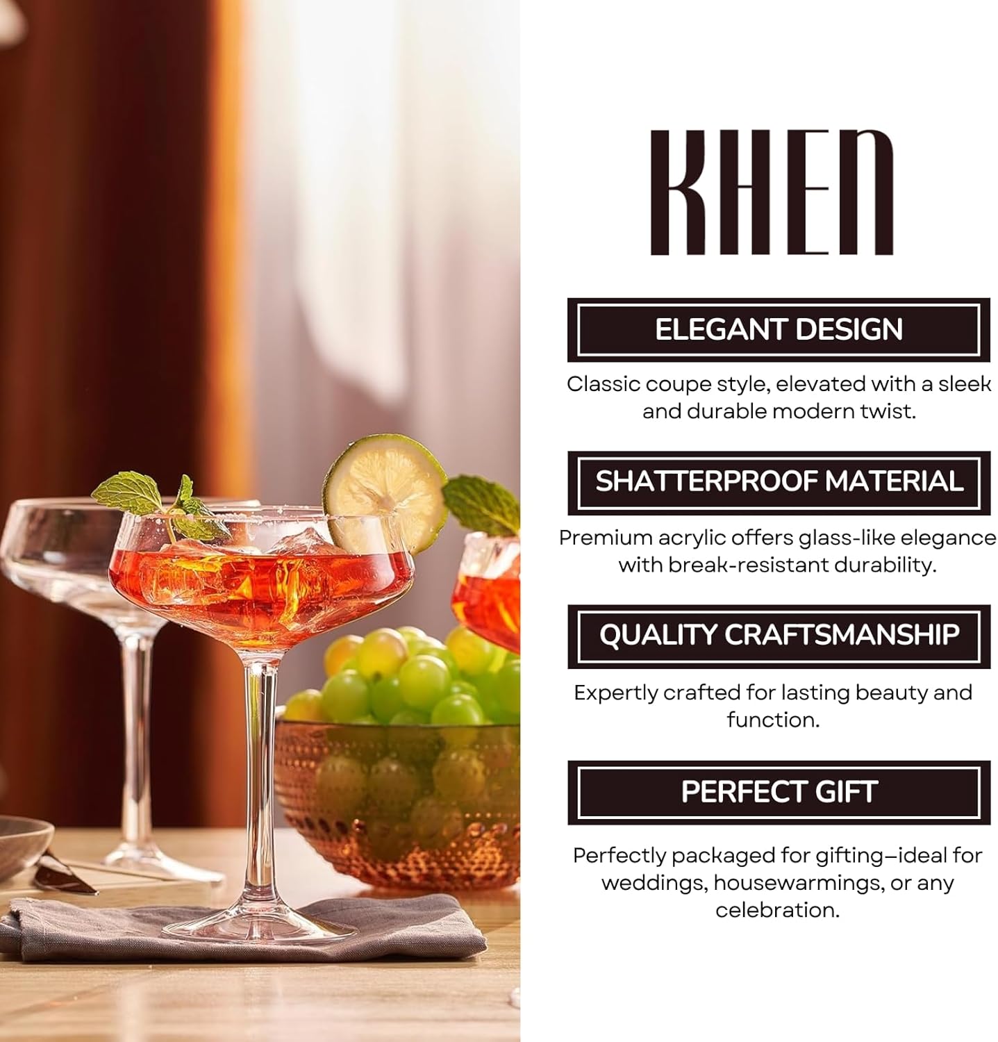 Acrylic Coupe Glasses – Set of 4 Stemmed 8 oz Clear Cocktail Glasses