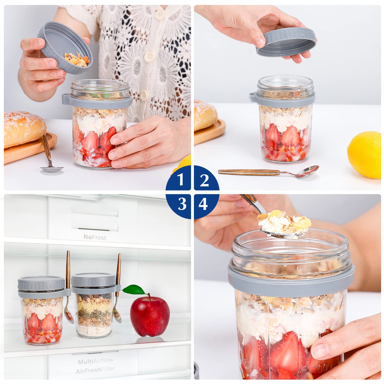 Overnight Oats Jars With Spoon And Lid 16 Oz [2 Pack], Airtight Oatmeal Container With Measurement Marks, Mason Jars With Lid Fo