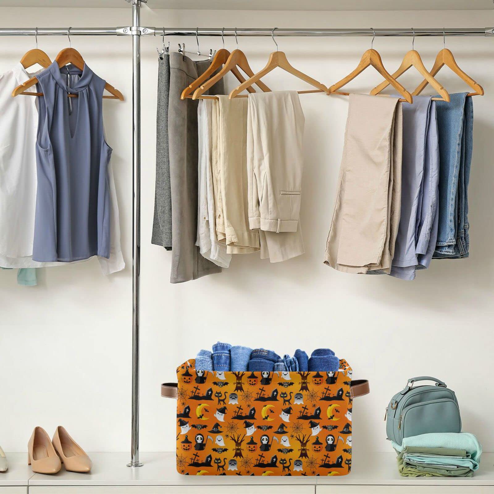 Alaza Cartoon Halloween Skull Cat Yellow Foldable Storage Box Storage Basket Organizer Bins With Handles For Shelf Closet Living