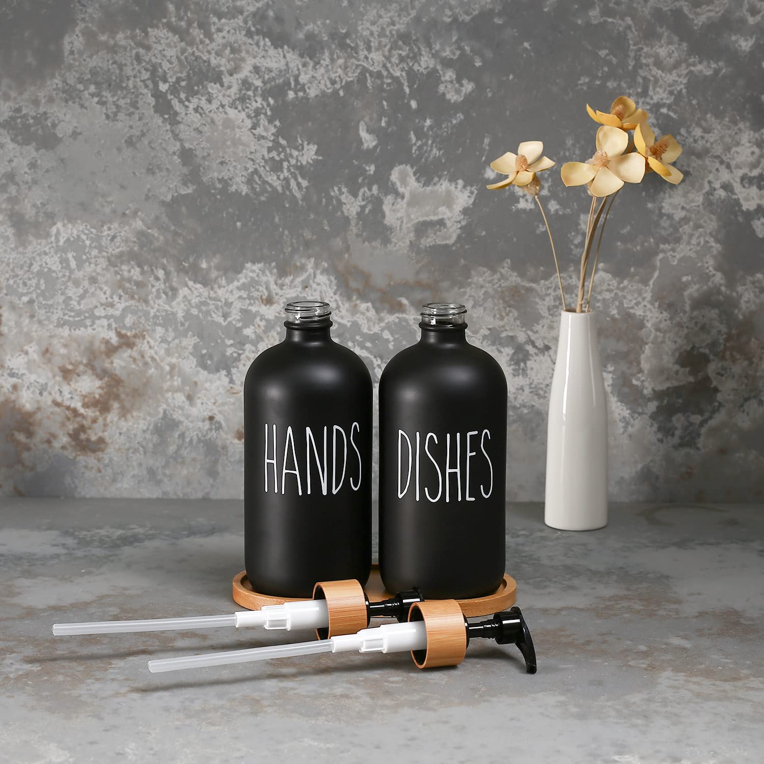 Momeemo Matte Black Glass Soap Dispenser Set - Hand And Dish Soap Dispensers Suitable For Rustic Kitchen Decor (Black)
