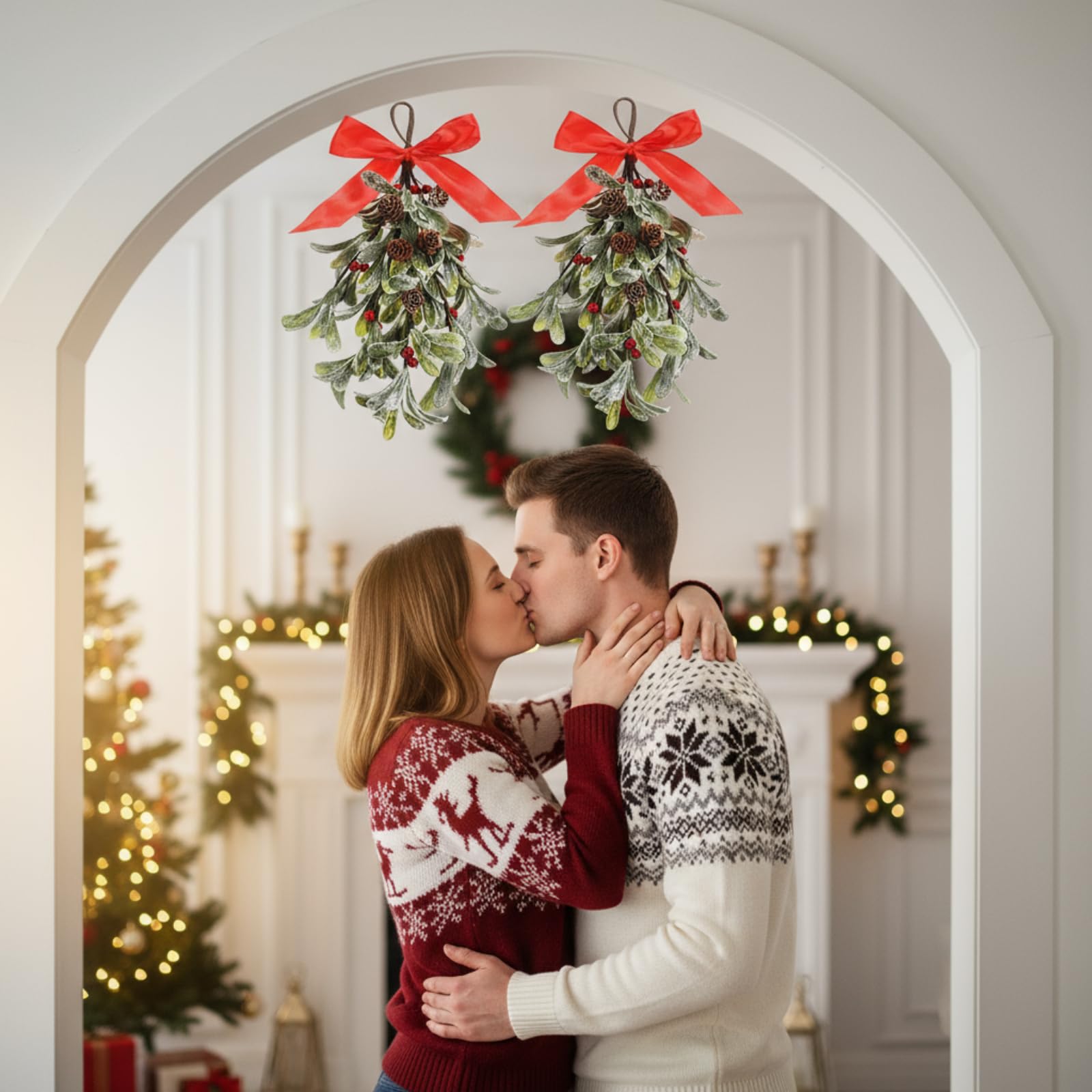 Daifunli 2 Pcs 12 '' Red Large Christmas Mistletoe Decor Xmas Holiday Artificial Mistletoe Giant Kissing Hanging Bouquet Christm